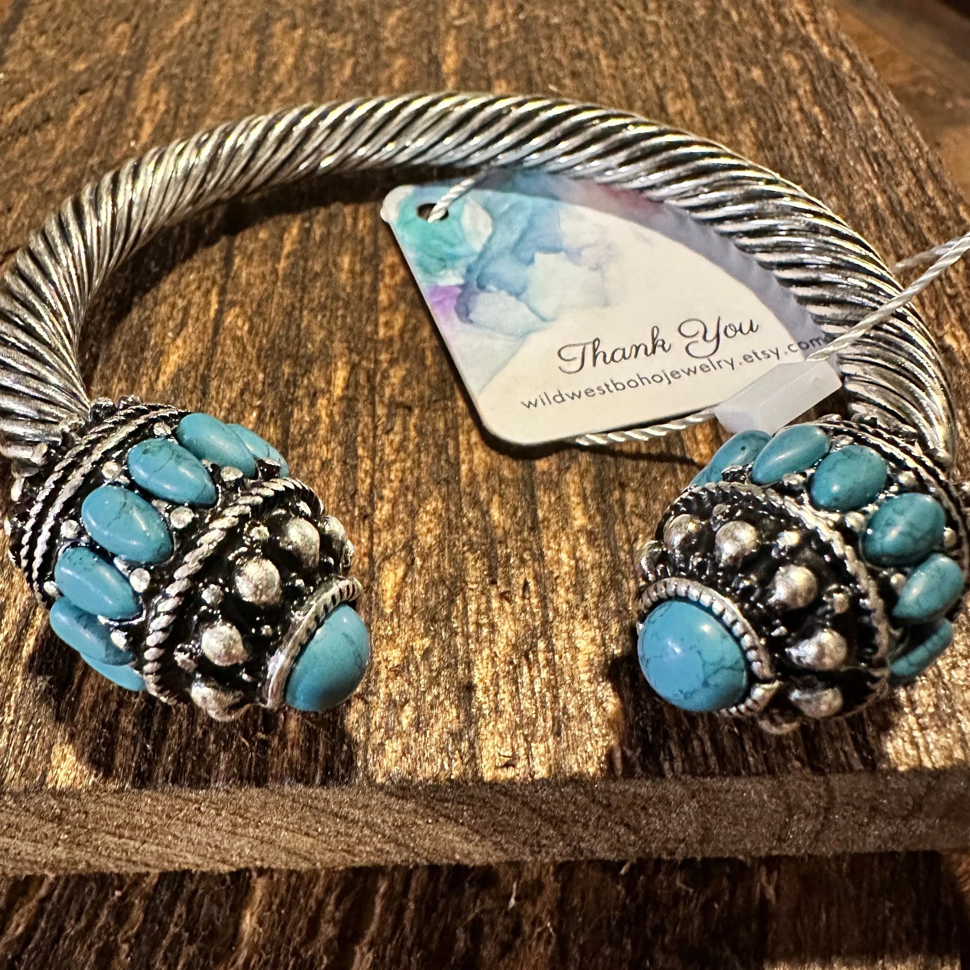 Handcrafted Boho Turquoise Bangle, Western Twisted Roped Open Bangle, Gift Box - Silver Elegant