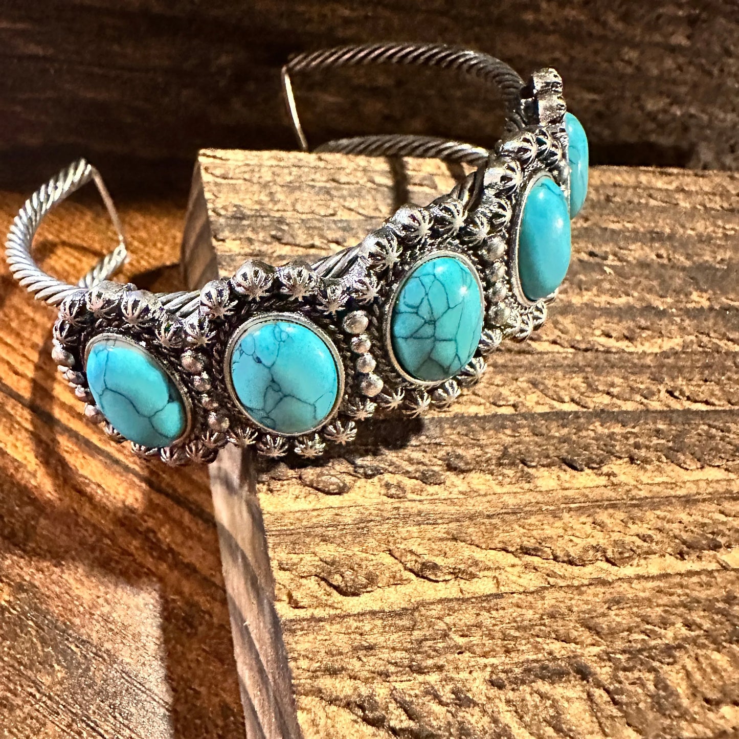 Handcrafted Boho Western 5 Oval Turquoise Stone Concho Cuff Bracelet, Gift Box - Silver Elegant