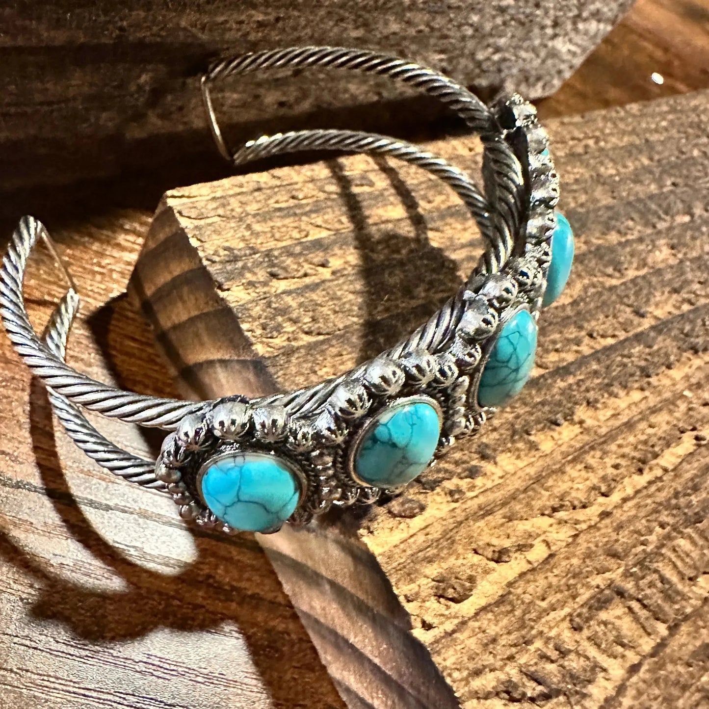 Handcrafted Boho Western 5 Oval Turquoise Stone Concho Cuff Bracelet, Gift Box - Silver Elegant