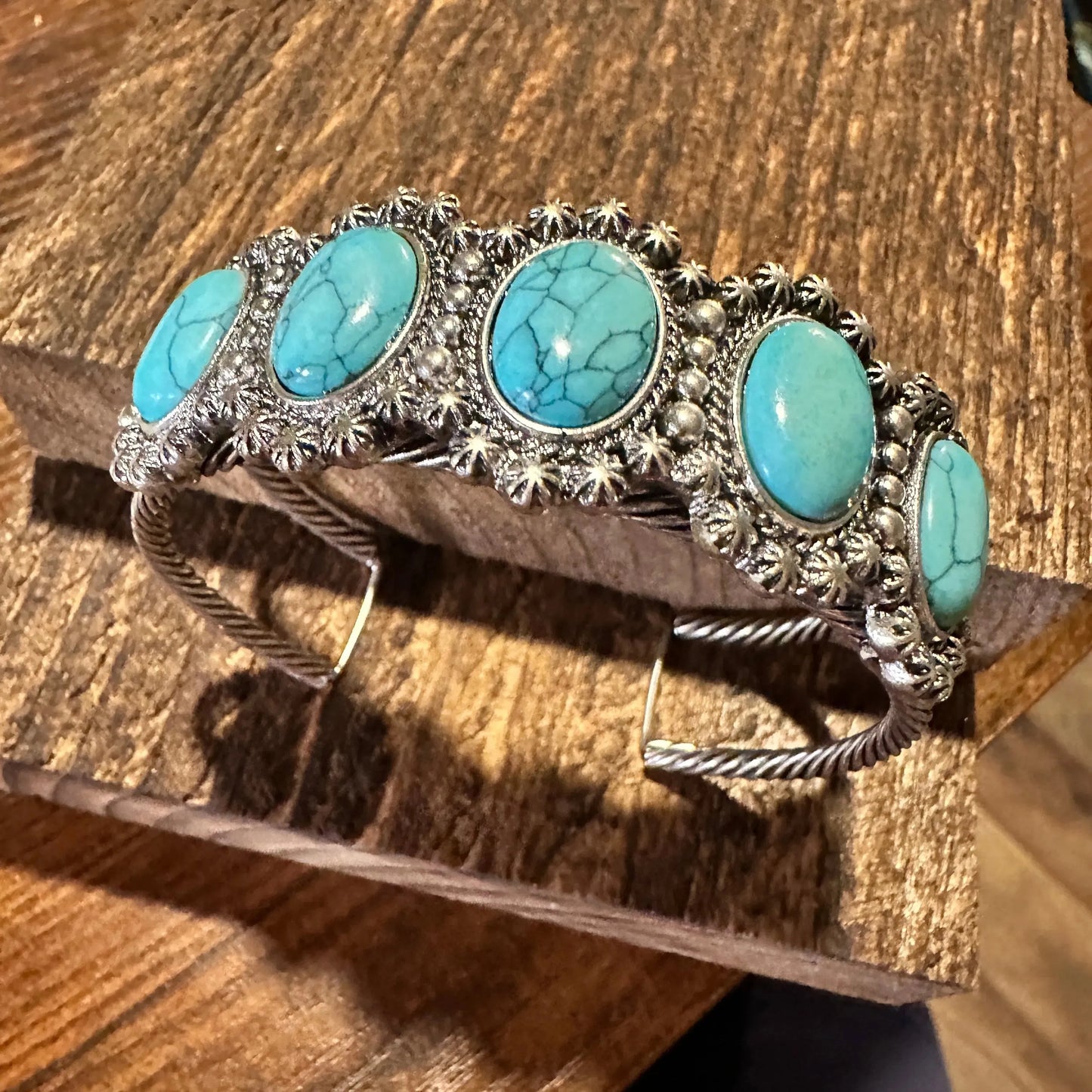 Handcrafted Boho Western 5 Oval Turquoise Stone Concho Cuff Bracelet, Gift Box - Silver Elegant