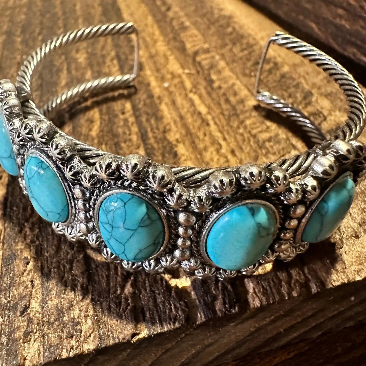 Handcrafted Boho Western 5 Oval Turquoise Stone Concho Cuff Bracelet, Gift Box - Silver Elegant