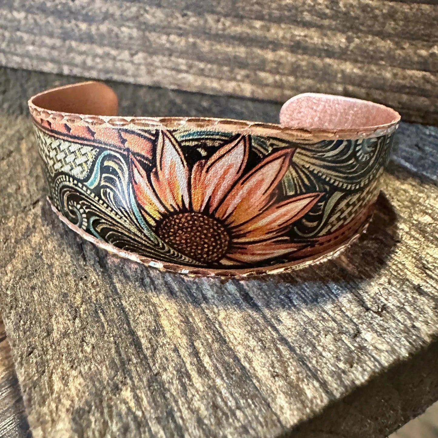 Handmade Boho Sunflower Cuff Bracelet, Copper Western Sunflower Cuff , Gift Box - Silver Elegant
