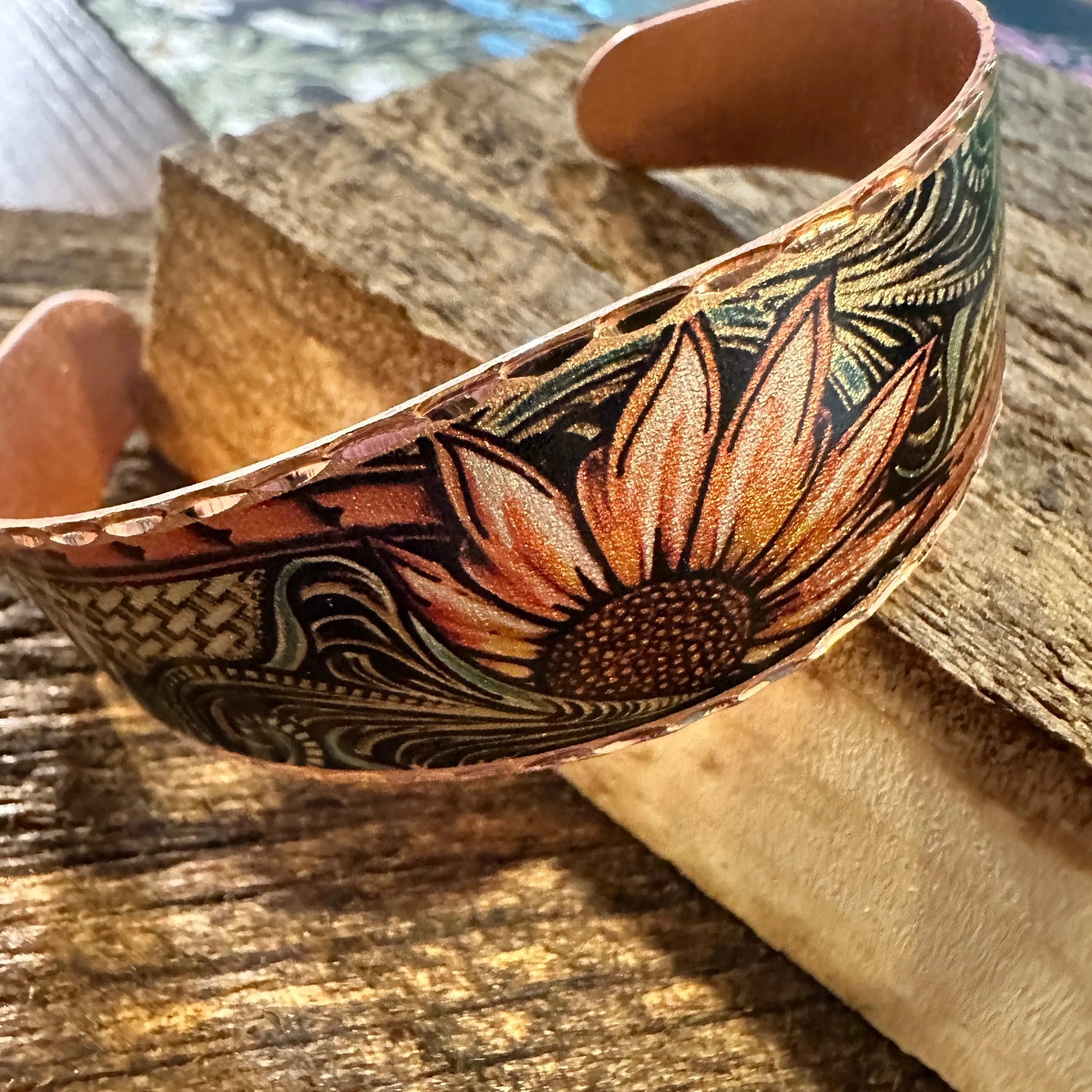 Handmade Boho Sunflower Cuff Bracelet, Copper Western Sunflower Cuff , Gift Box - Silver Elegant