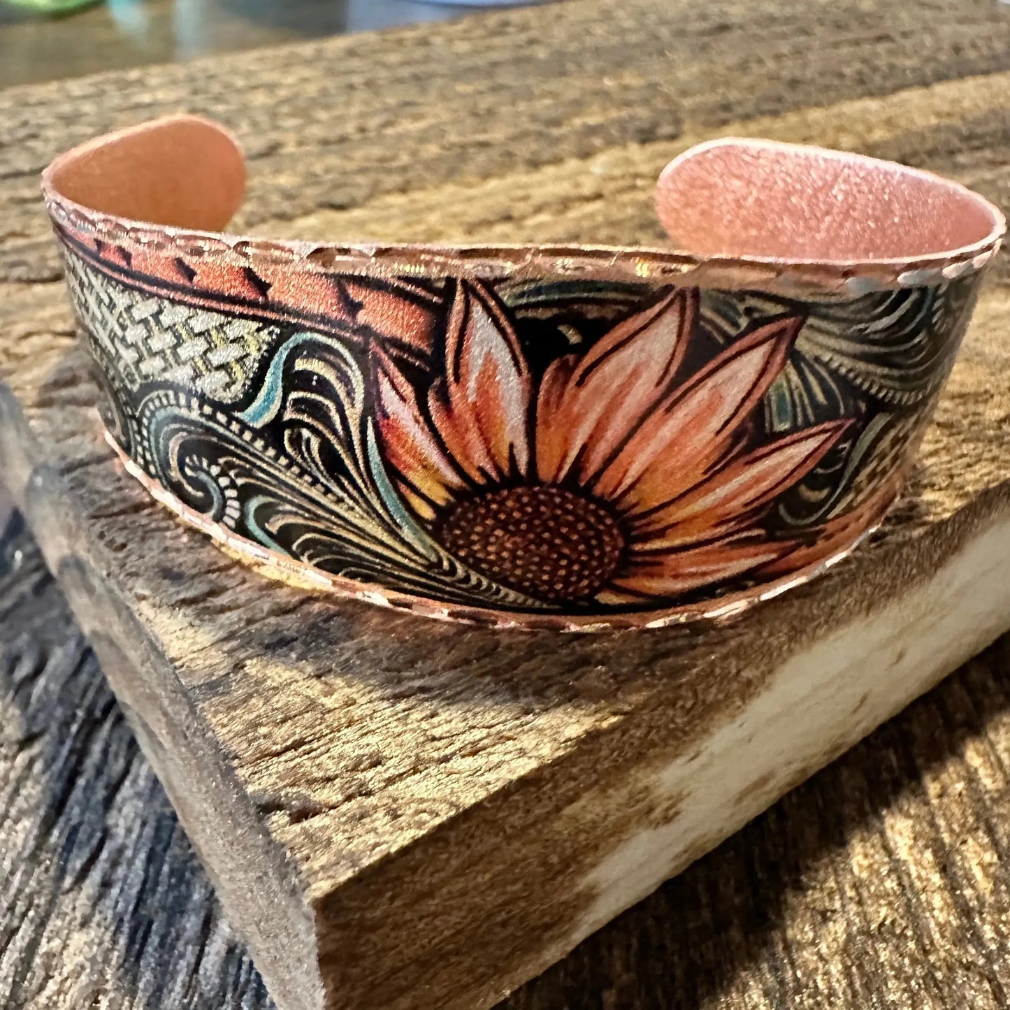 Handmade Boho Sunflower Cuff Bracelet, Copper Western Sunflower Cuff , Gift Box - Silver Elegant