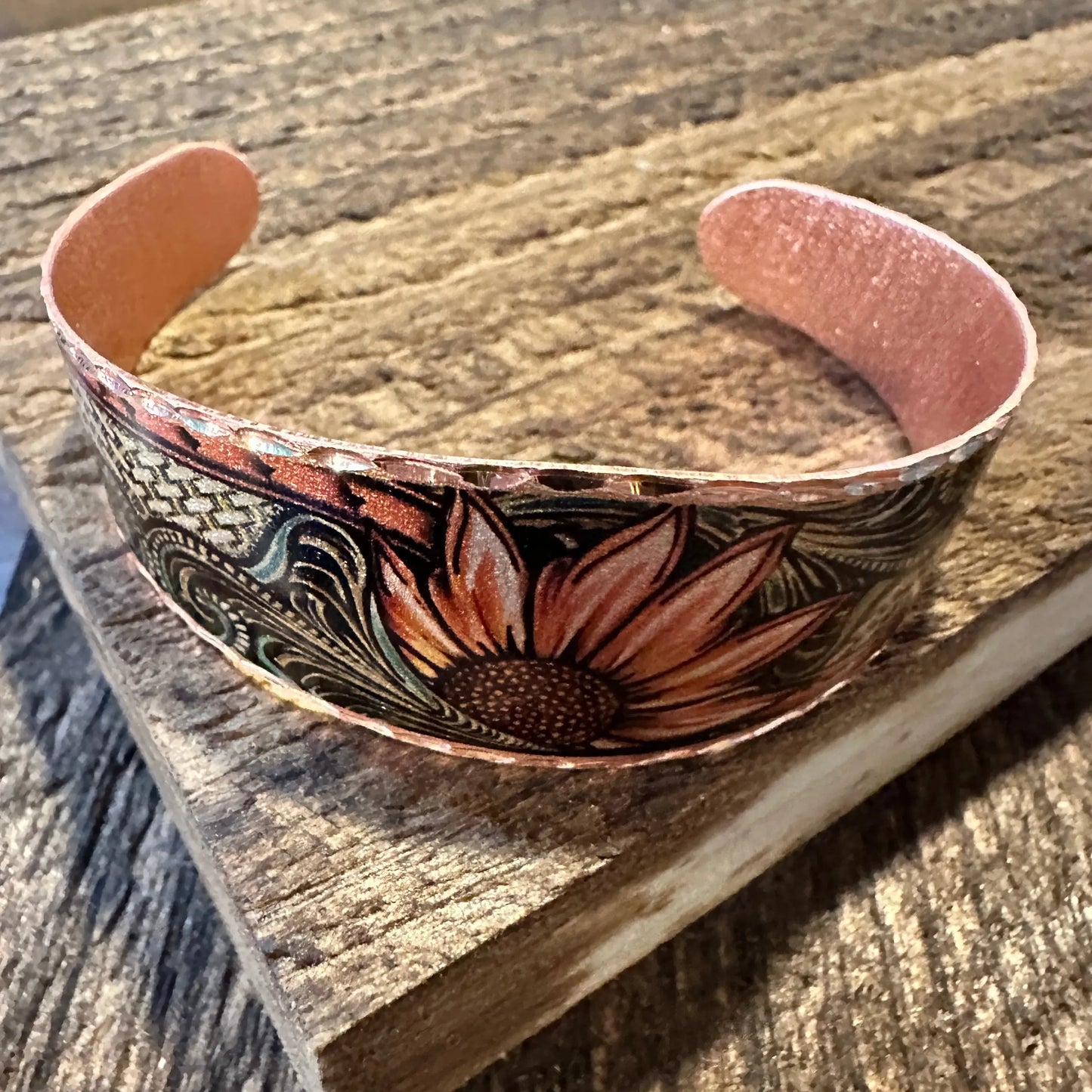 Handmade Boho Sunflower Cuff Bracelet, Copper Western Sunflower Cuff , Gift Box - Silver Elegant