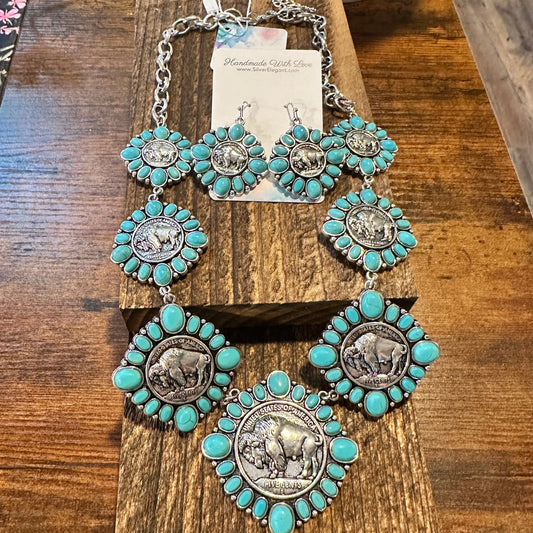 Rustic Chic: Boho Buffalo Turquoise Necklace & Earring Set - Silver Elegant