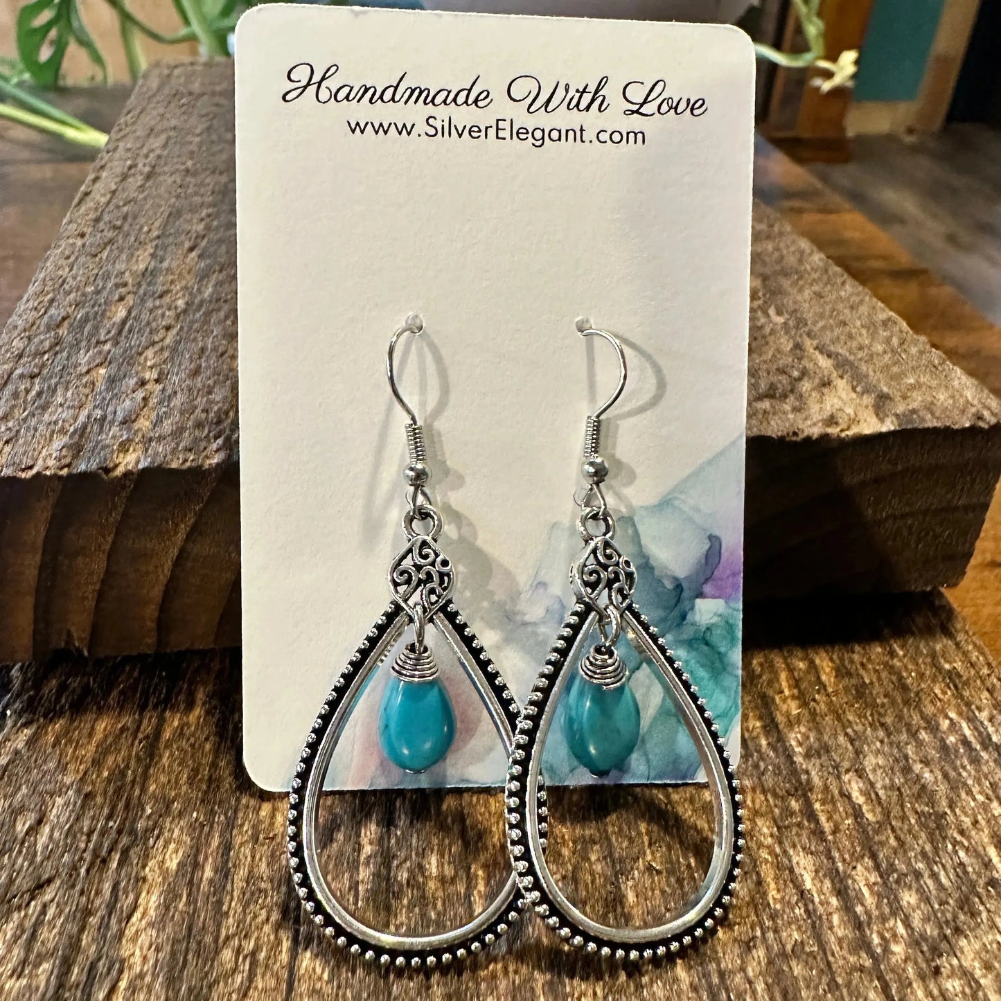 Boho Handcrafted Cowgirl Chic Turquoise Silver Wire Drop Earring, Gift Box - Silver Elegant