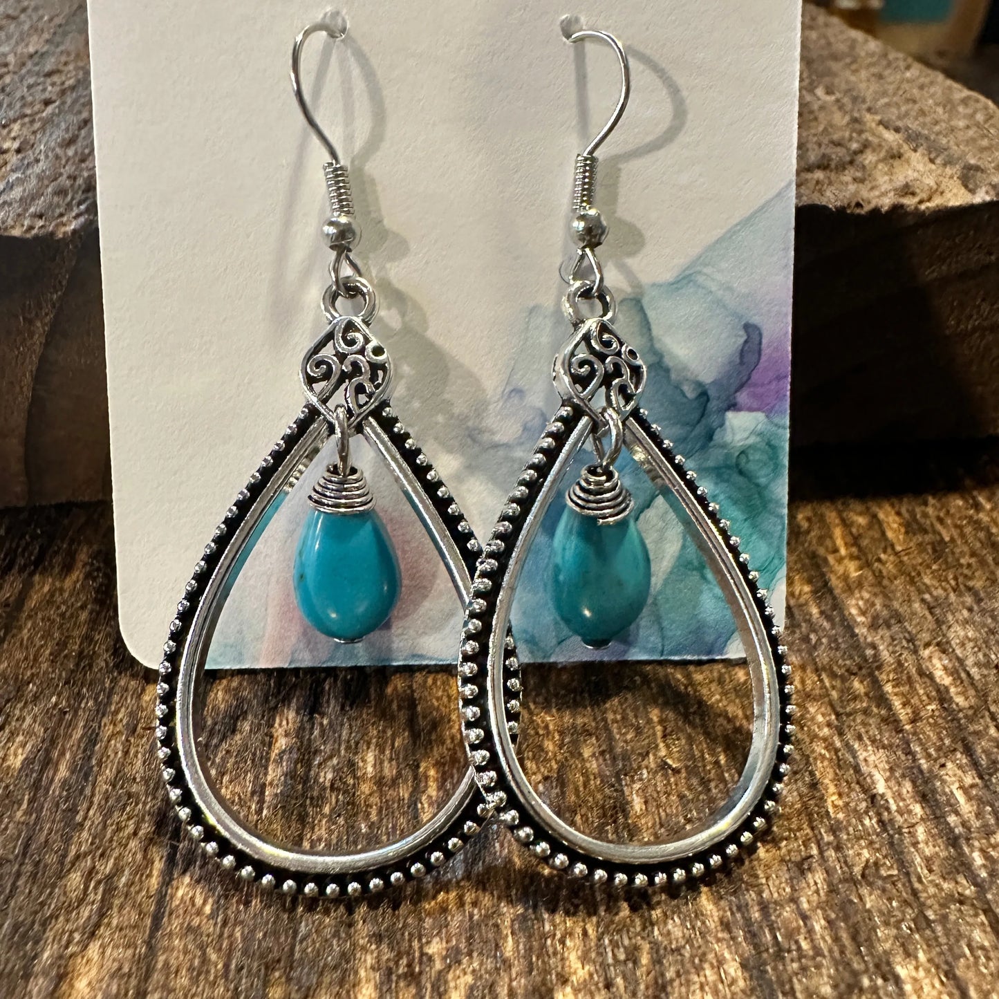 Boho Handcrafted Cowgirl Chic Turquoise Silver Wire Drop Earring, Gift Box - Silver Elegant