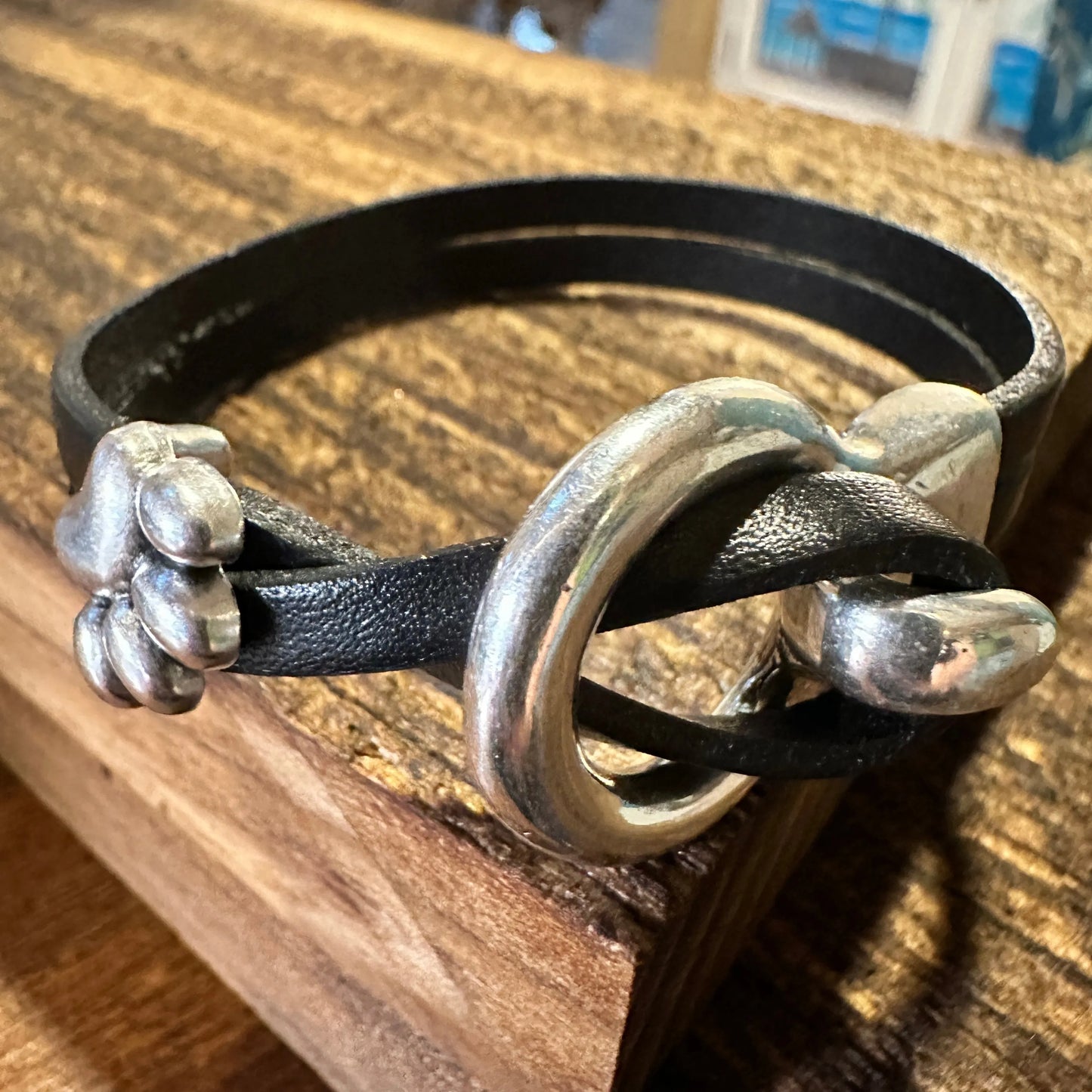 Boho Hippie Black Leather Pet Paw Circle Buckle Cuff Bracelet, Double Wrap, Gift Box - Silver Elegant