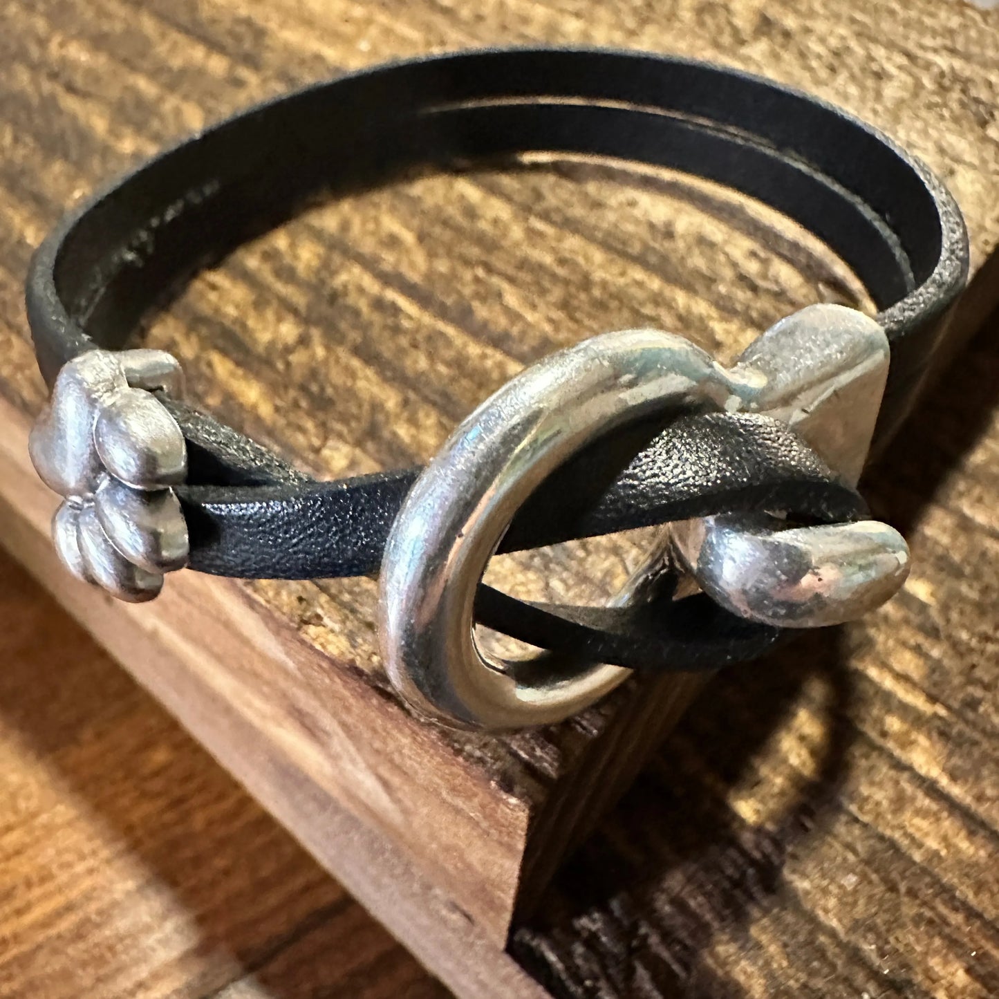 Boho Hippie Black Leather Pet Paw Circle Buckle Cuff Bracelet, Double Wrap, Gift Box - Silver Elegant