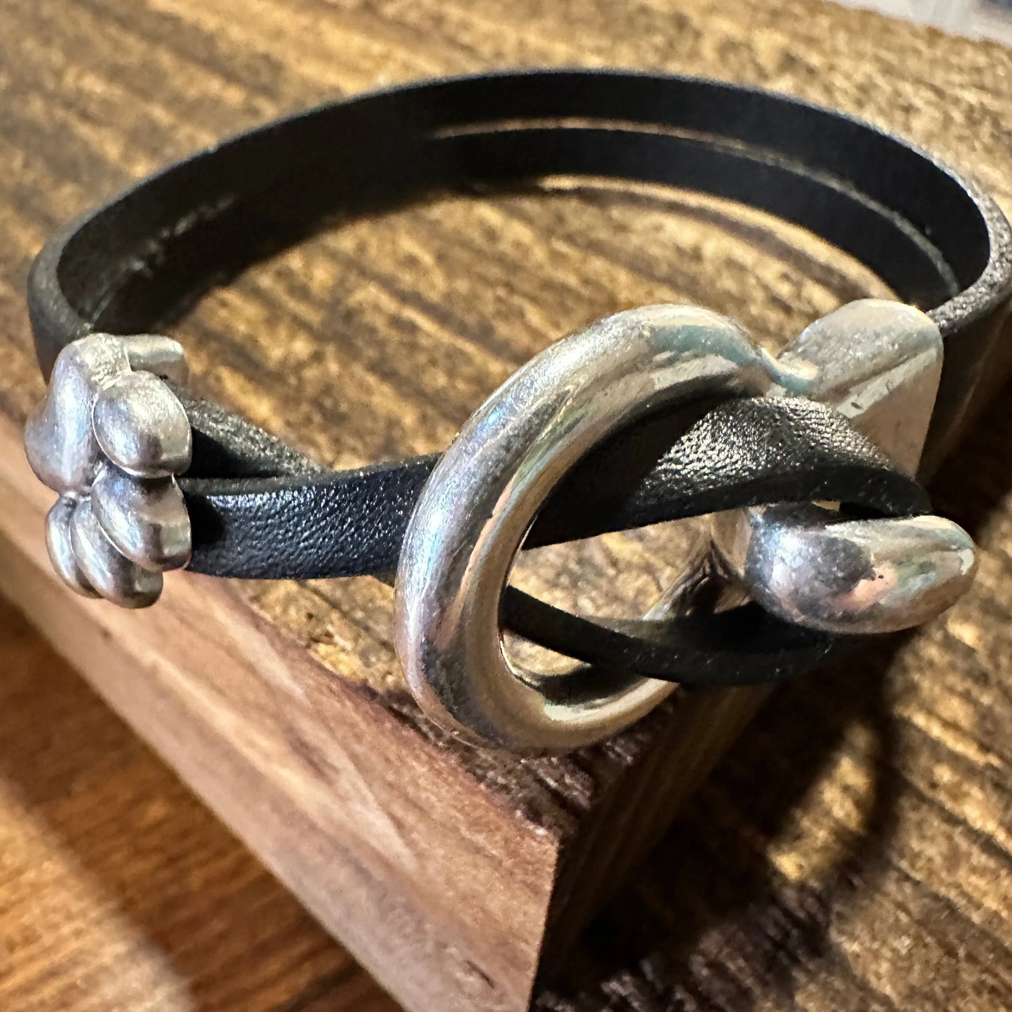 Boho Hippie Black Leather Pet Paw Circle Buckle Cuff Bracelet, Double Wrap, Gift Box - Silver Elegant