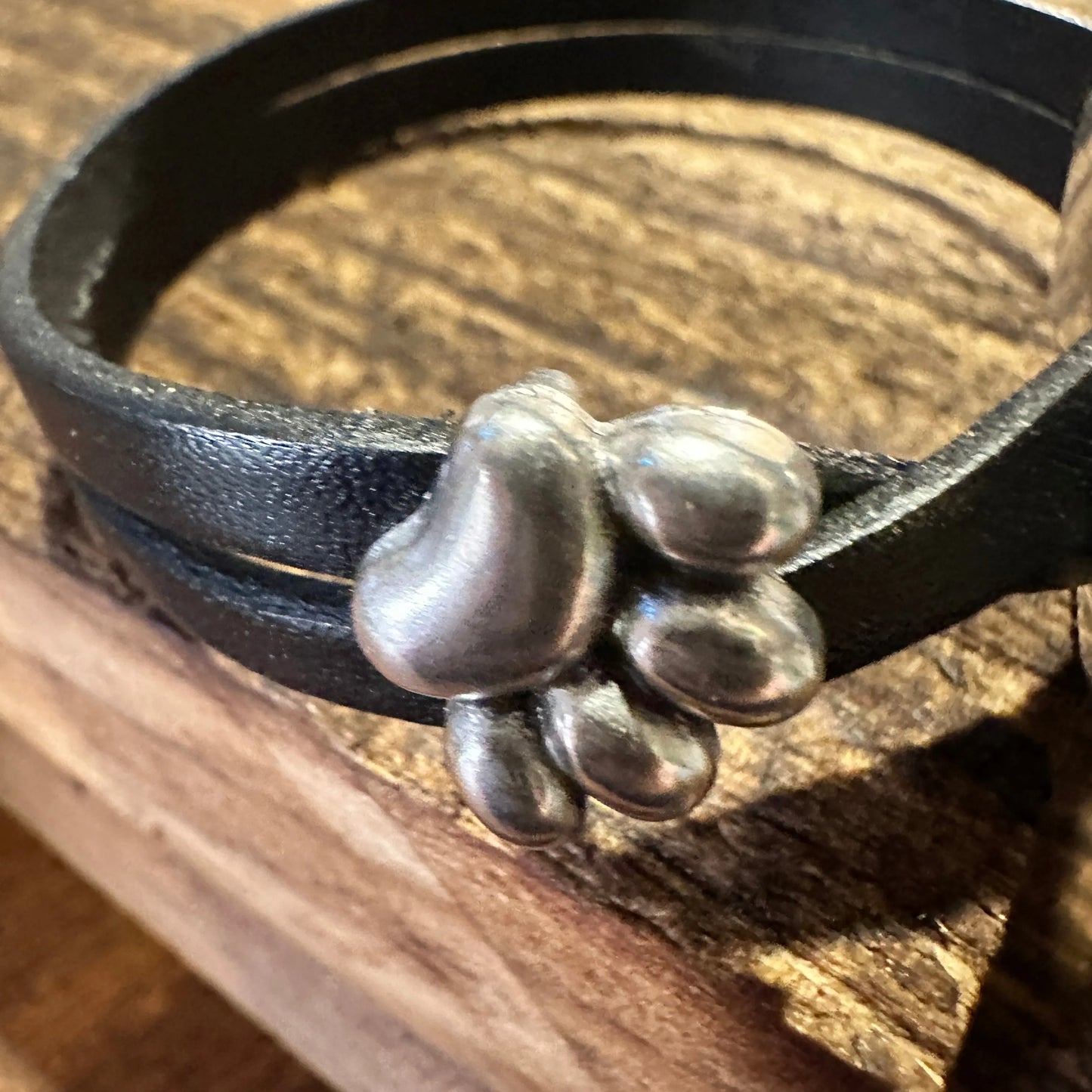 Boho Hippie Black Leather Pet Paw Circle Buckle Cuff Bracelet, Double Wrap, Gift Box - Silver Elegant