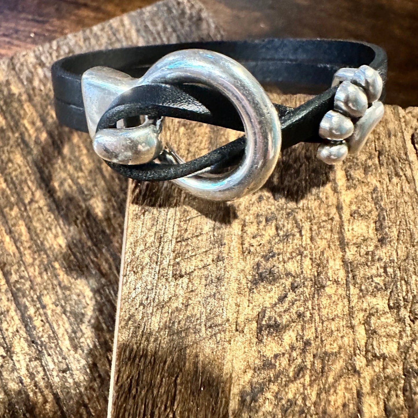 Boho Hippie Black Leather Pet Paw Circle Buckle Cuff Bracelet, Double Wrap, Gift Box - Silver Elegant
