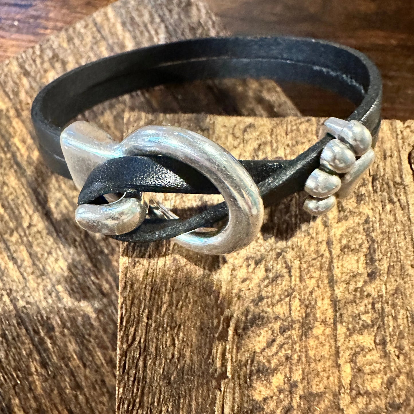 Boho Hippie Black Leather Pet Paw Circle Buckle Cuff Bracelet, Double Wrap, Gift Box - Silver Elegant