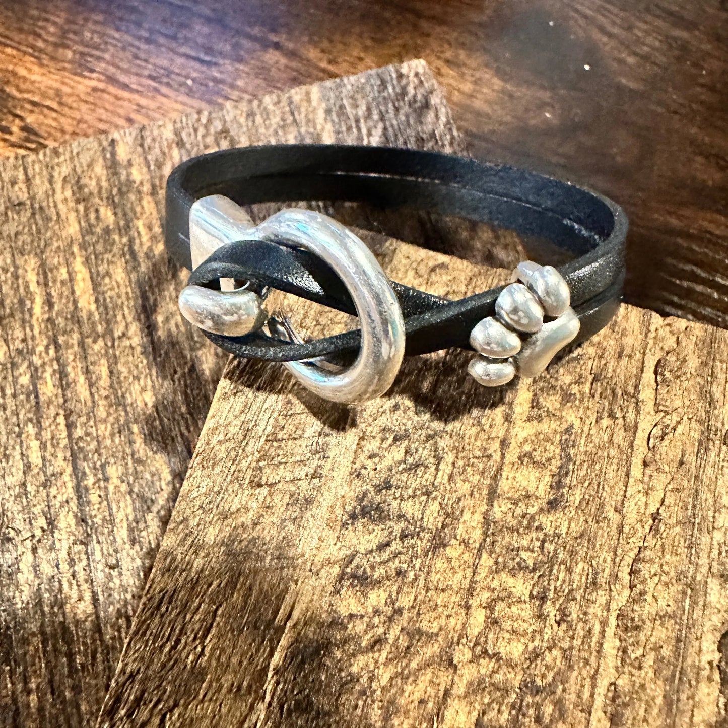 Boho Hippie Black Leather Pet Paw Circle Buckle Cuff Bracelet, Double Wrap, Gift Box - Silver Elegant