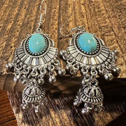 Cute Boho Handcrafted Silver Turquoise Drop Wire Earring, Gift Box - Silver Elegant