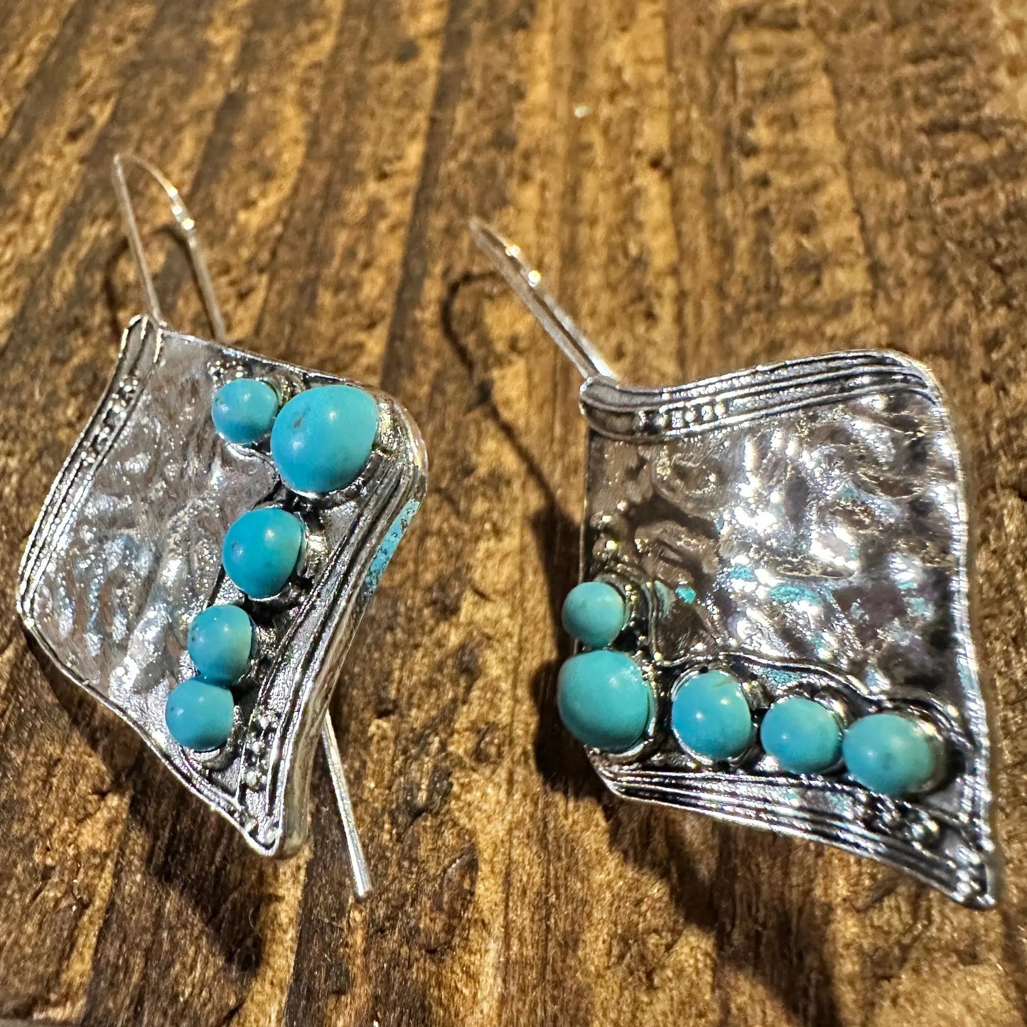 Boho Western Cowgirl Handcrafted Turquoise Wire Drop Silver Earrings, Gift box - Silver Elegant