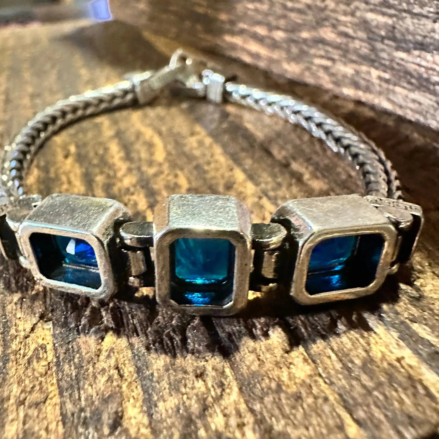 Boho Chic Woven Retro Blue Three Crystal CZ Bracelet, Lobster Clasp, Gift Box - Silver Elegant