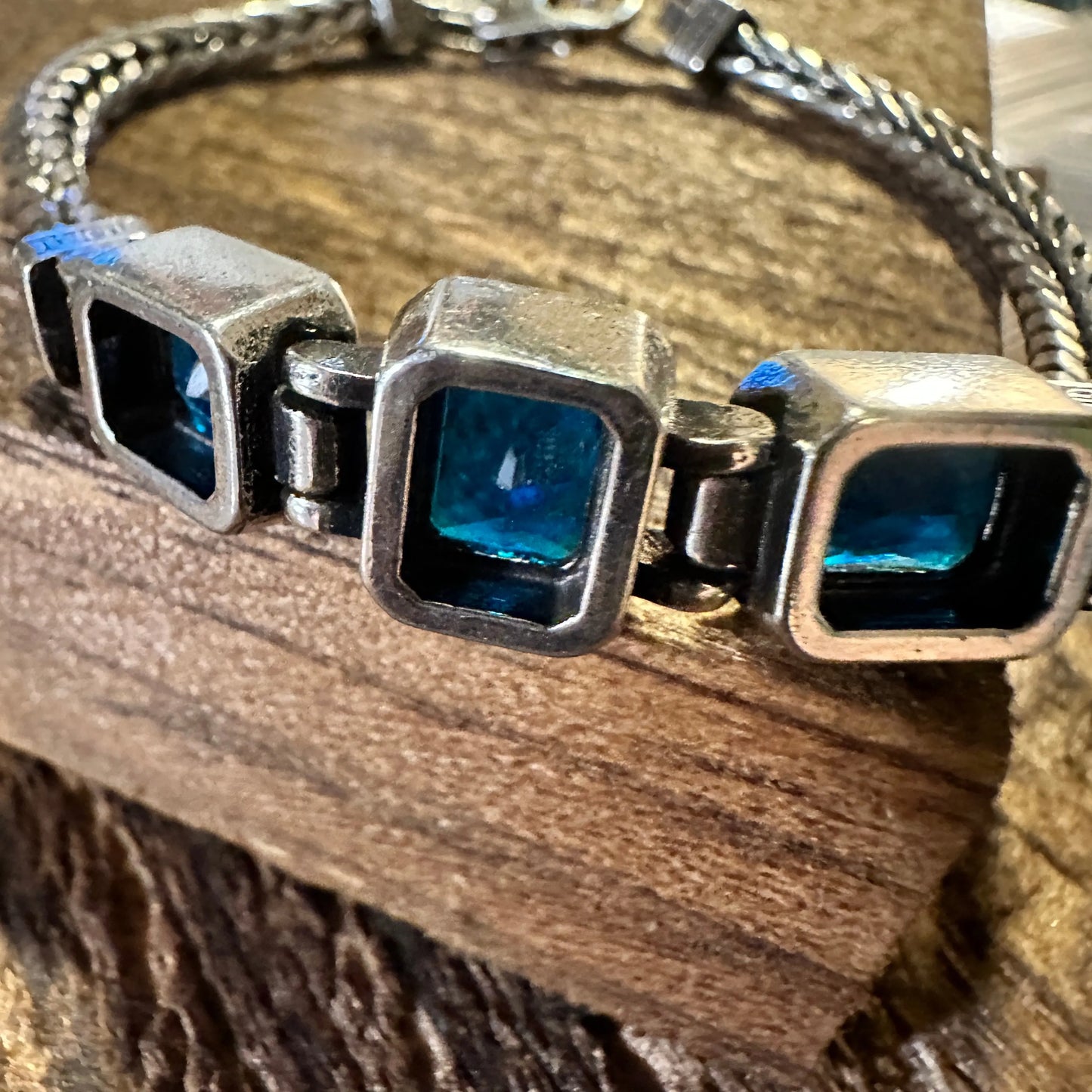 Boho Chic Woven Retro Blue Three Crystal CZ Bracelet, Lobster Clasp, Gift Box - Silver Elegant