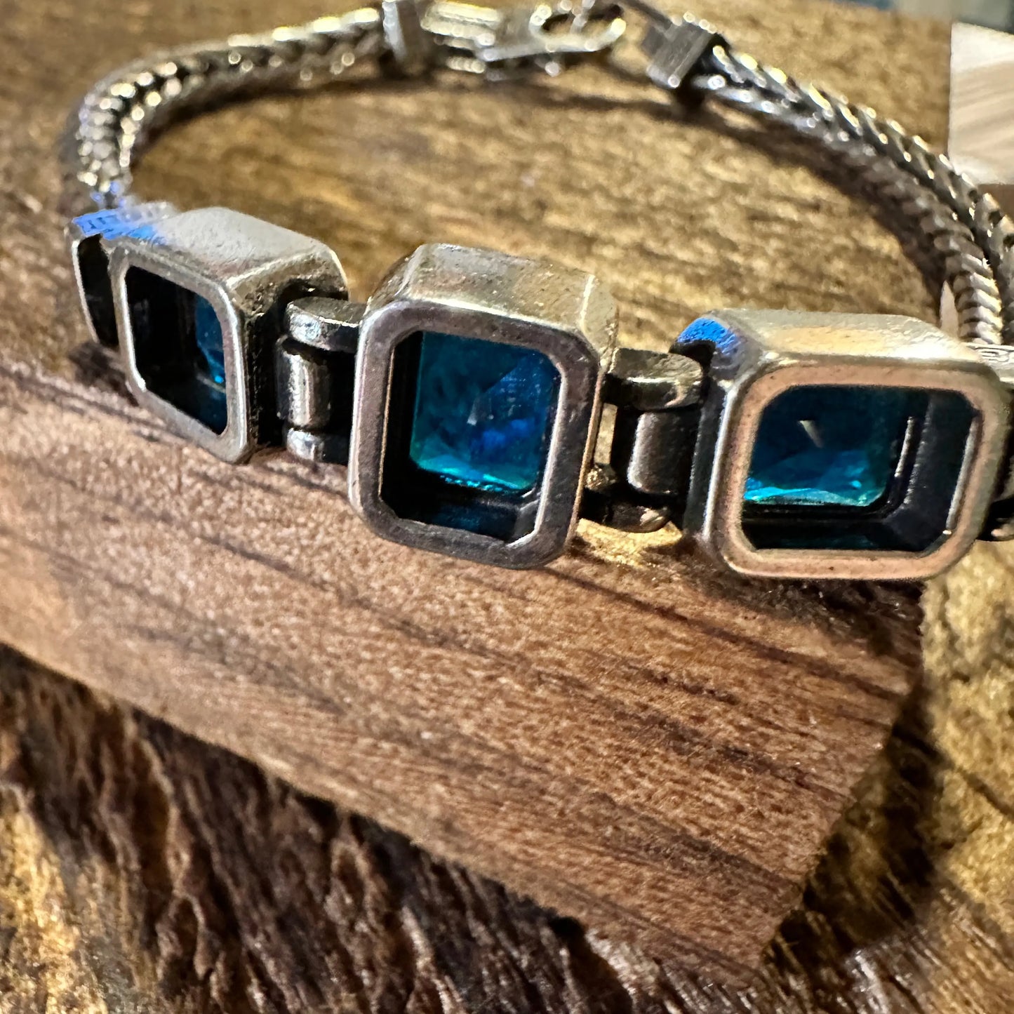 Boho Chic Woven Retro Blue Three Crystal CZ Bracelet, Lobster Clasp, Gift Box - Silver Elegant