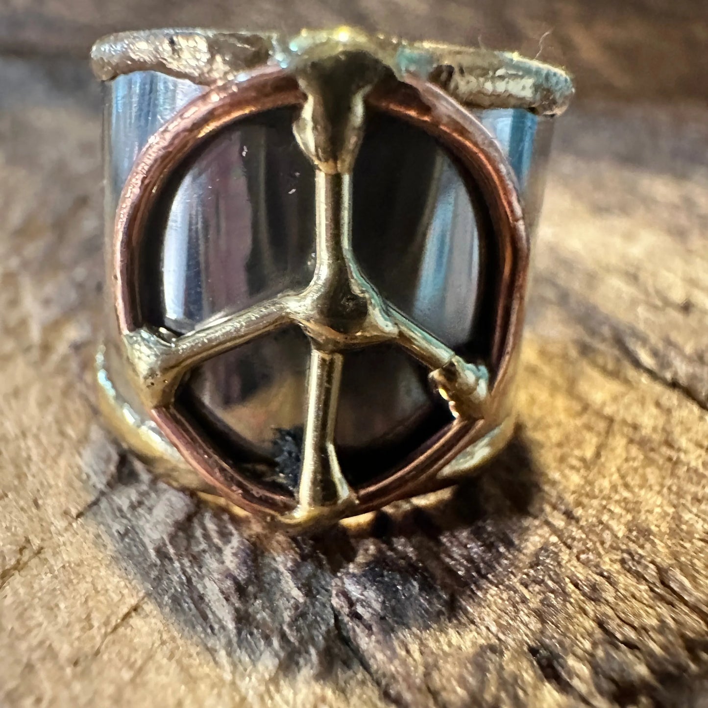 Handmade Artesian Hippie Silver & Copper Peace Sign Wide Cuff Ring, Gift Box - Silver Elegant