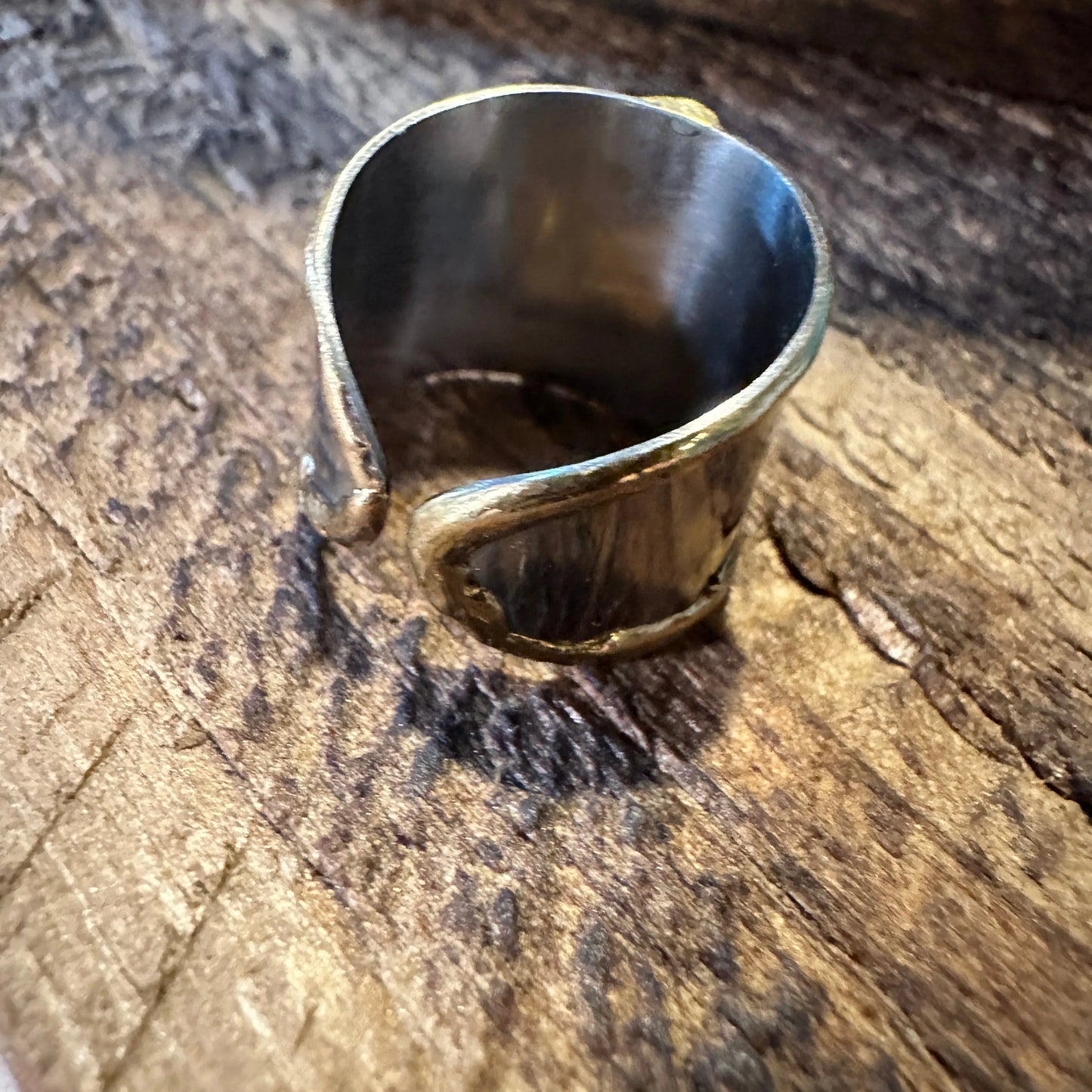 Handmade Artesian Hippie Silver & Copper Peace Sign Wide Cuff Ring, Gift Box - Silver Elegant