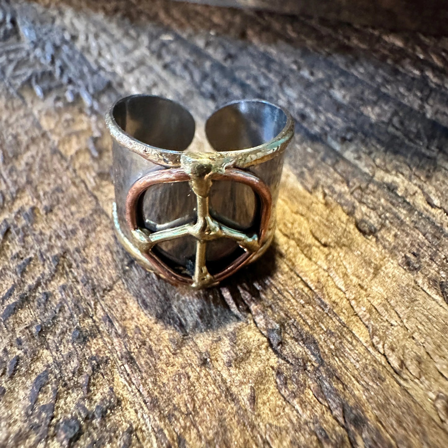Handmade Artesian Hippie Silver & Copper Peace Sign Wide Cuff Ring, Gift Box - Silver Elegant