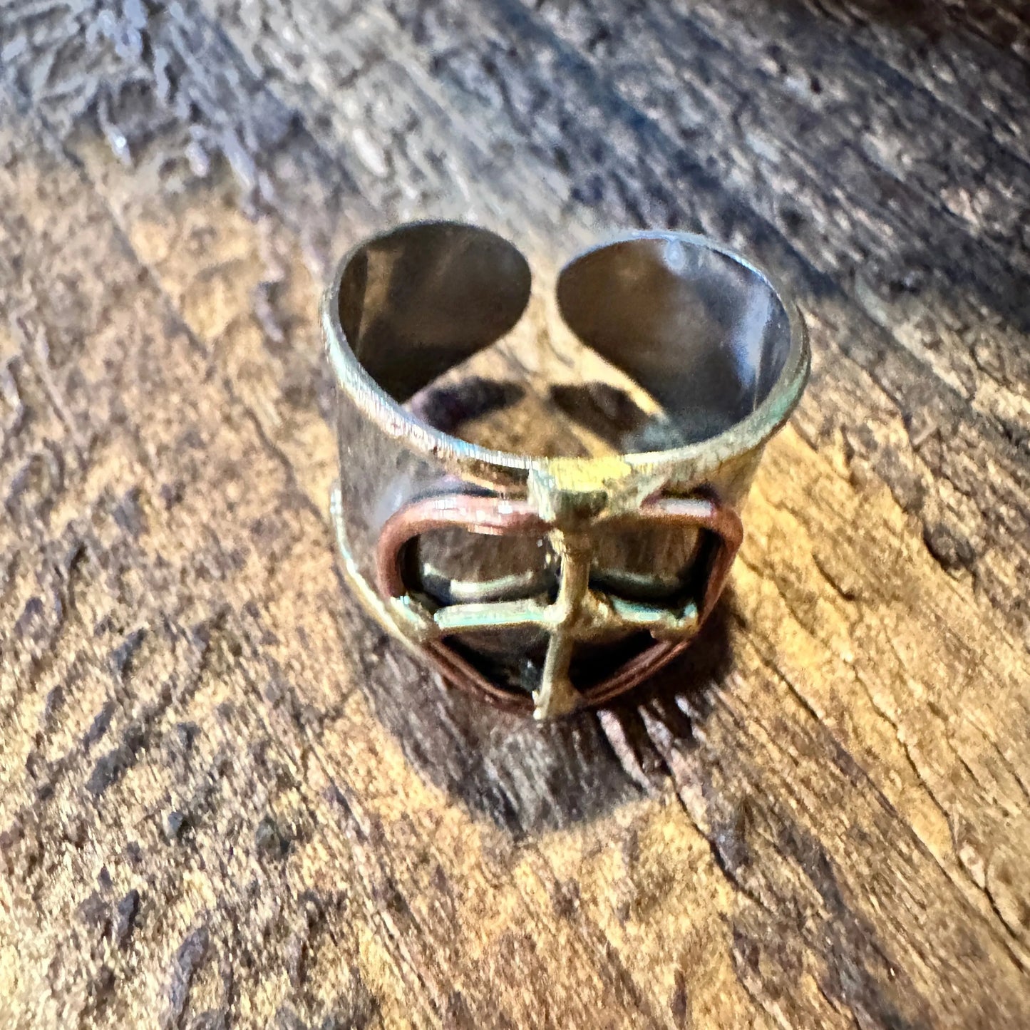 Handmade Artesian Hippie Silver & Copper Peace Sign Wide Cuff Ring, Gift Box - Silver Elegant