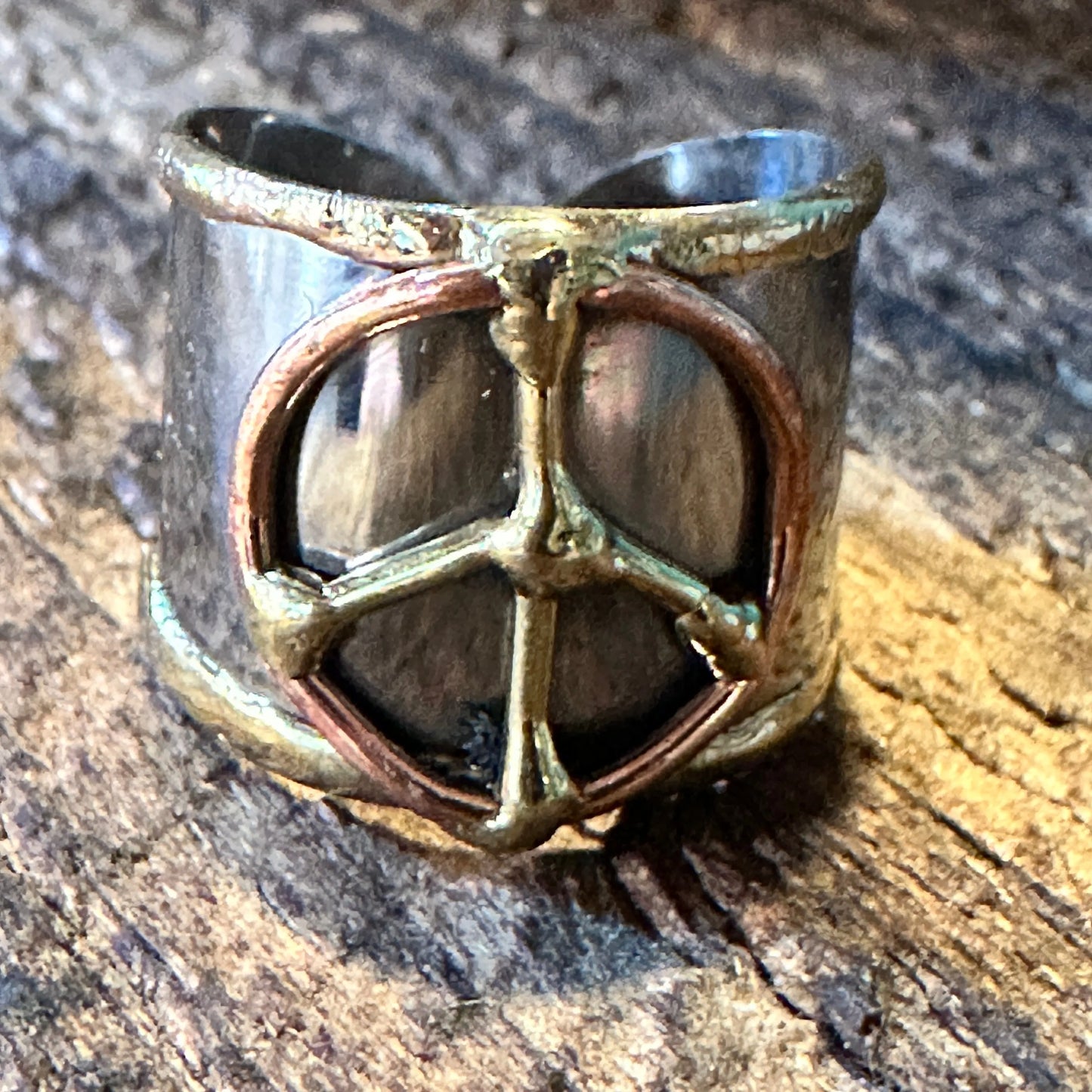 Handmade Artesian Hippie Silver & Copper Peace Sign Wide Cuff Ring, Gift Box - Silver Elegant