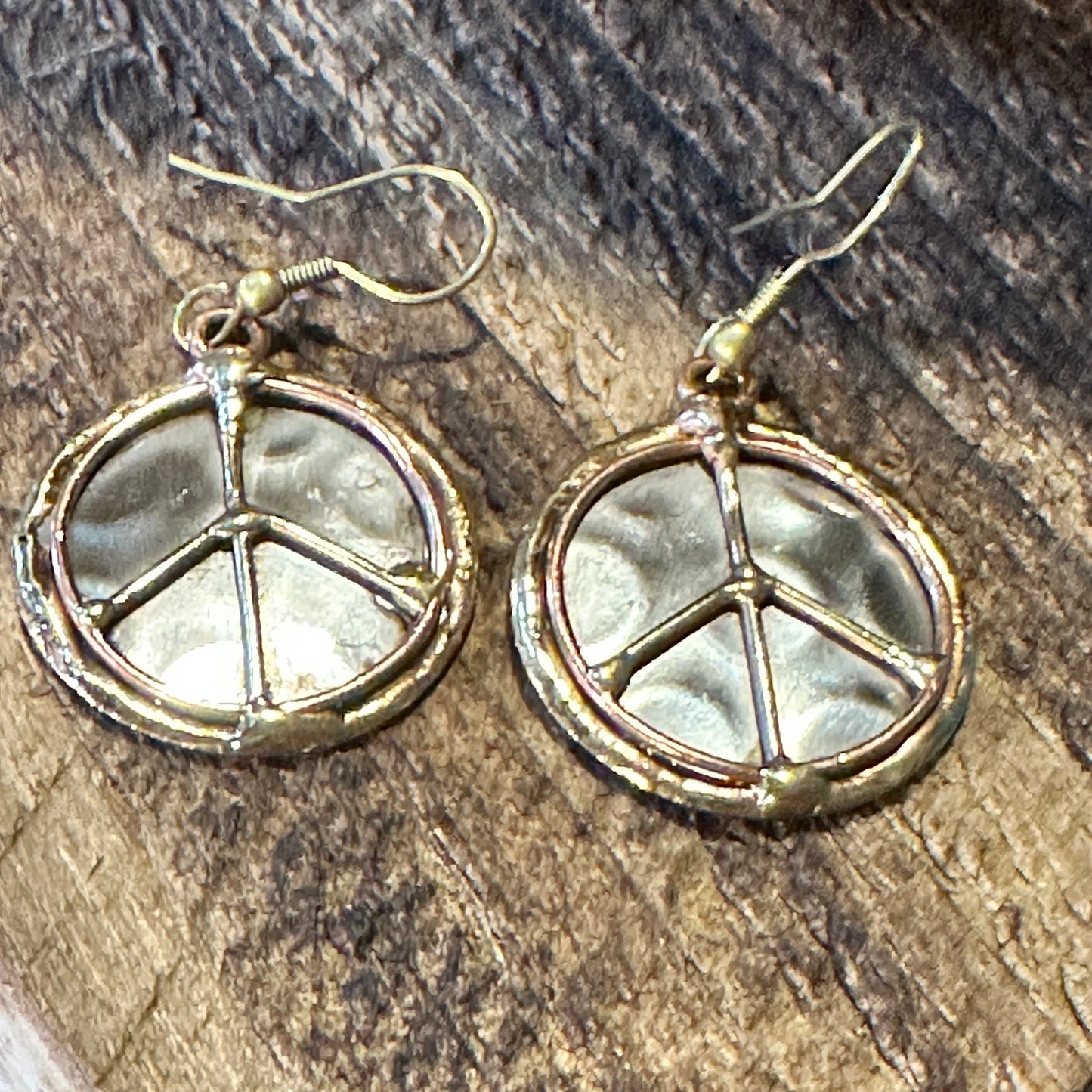 Handmade Artesian Hippie Silver & Copper Peace Sign Drop Wire Earrings, Gift Box - Silver Elegant