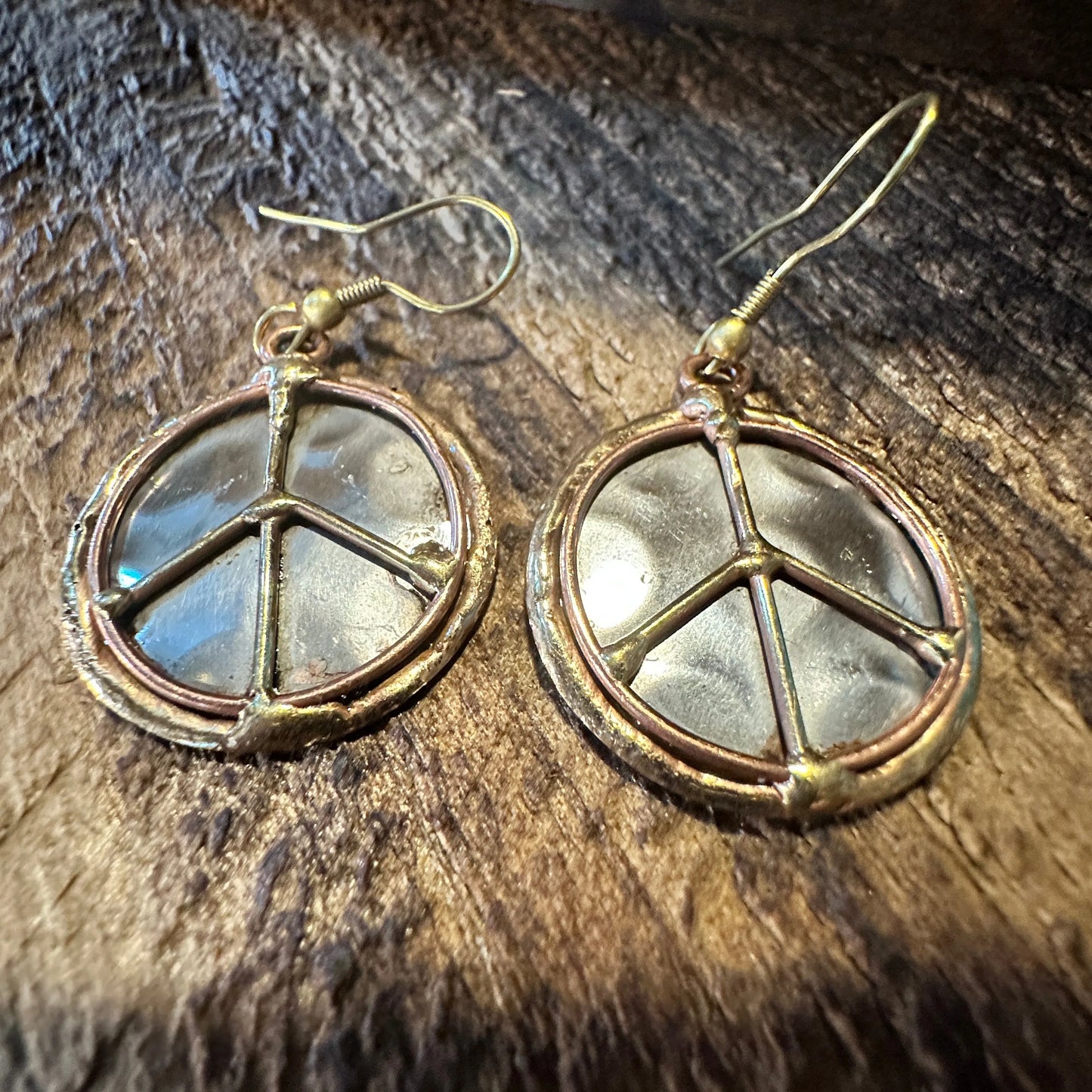 Handmade Artesian Hippie Silver & Copper Peace Sign Drop Wire Earrings, Gift Box - Silver Elegant