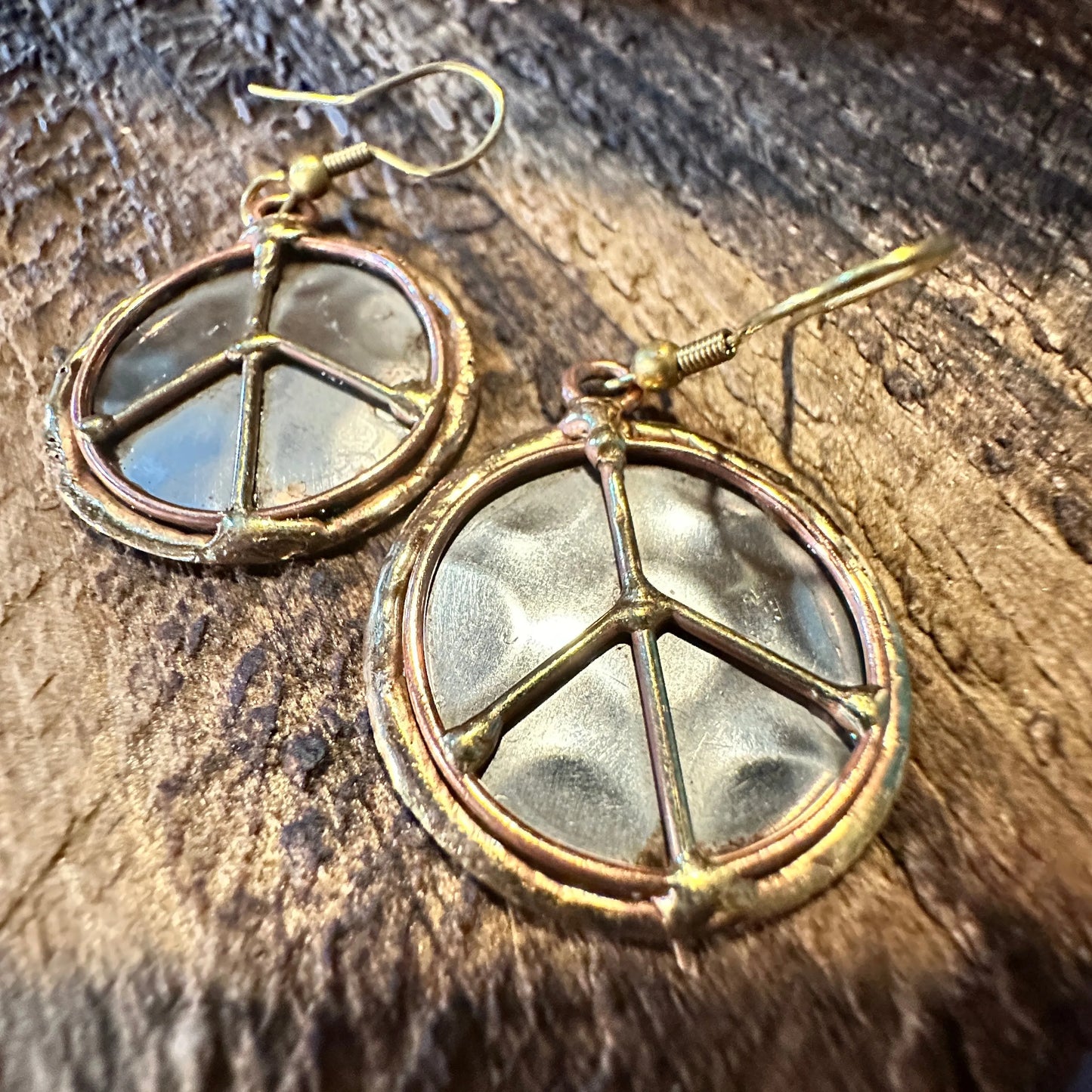 Handmade Artesian Hippie Silver & Copper Peace Sign Drop Wire Earrings, Gift Box - Silver Elegant