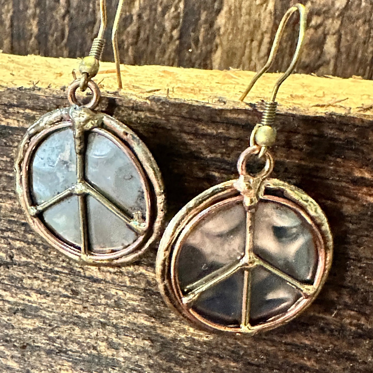 Handmade Artesian Hippie Silver & Copper Peace Sign Drop Wire Earrings, Gift Box - Silver Elegant