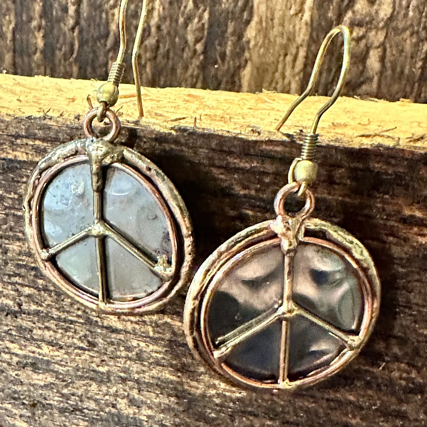 Handmade Artesian Hippie Silver & Copper Peace Sign Drop Wire Earrings, Gift Box - Silver Elegant