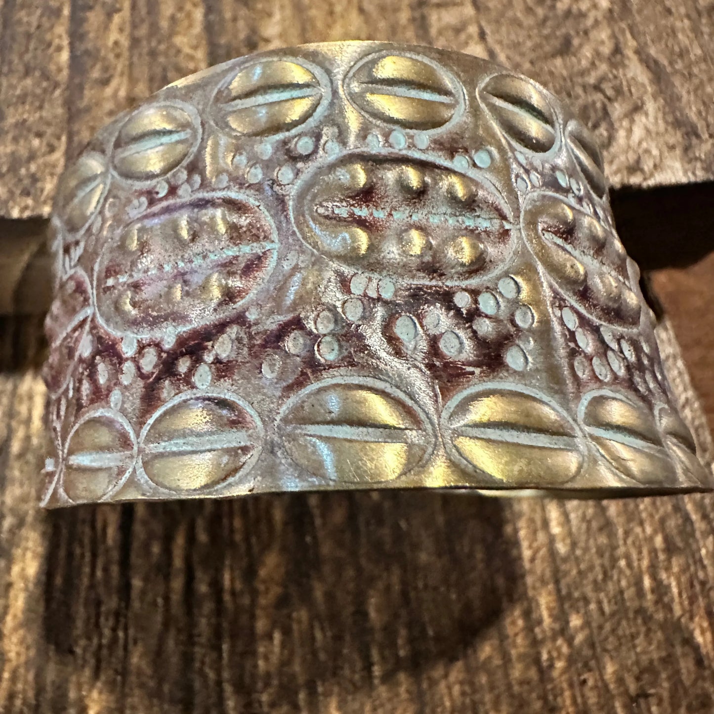 Handcrafted Artesian Boho Patina Brass Plum Wide Cuff Bracelet, Adjustable, Gift Box - Silver Elegant