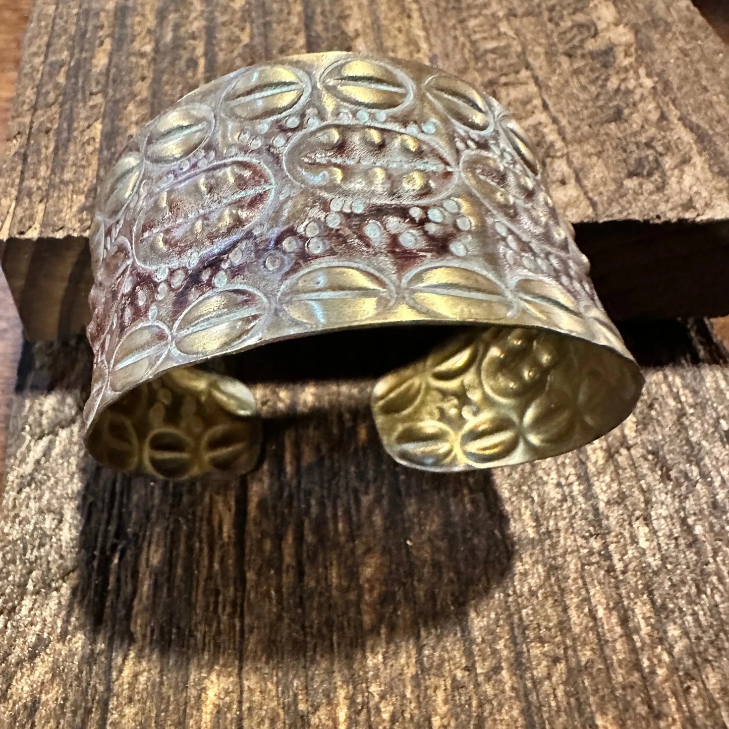 Handcrafted Artesian Boho Patina Brass Plum Wide Cuff Bracelet, Adjustable, Gift Box - Silver Elegant