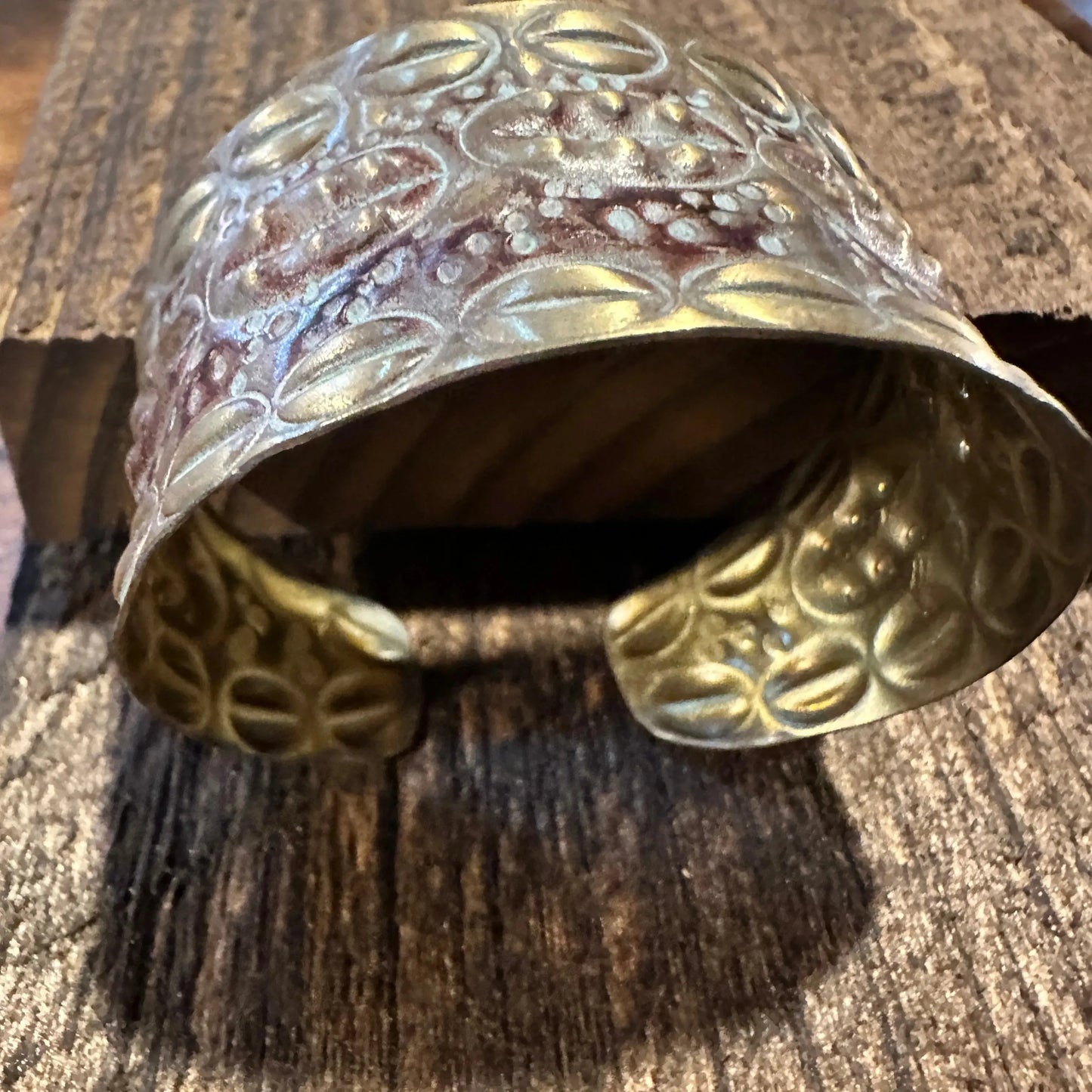 Handcrafted Artesian Boho Patina Brass Plum Wide Cuff Bracelet, Adjustable, Gift Box - Silver Elegant