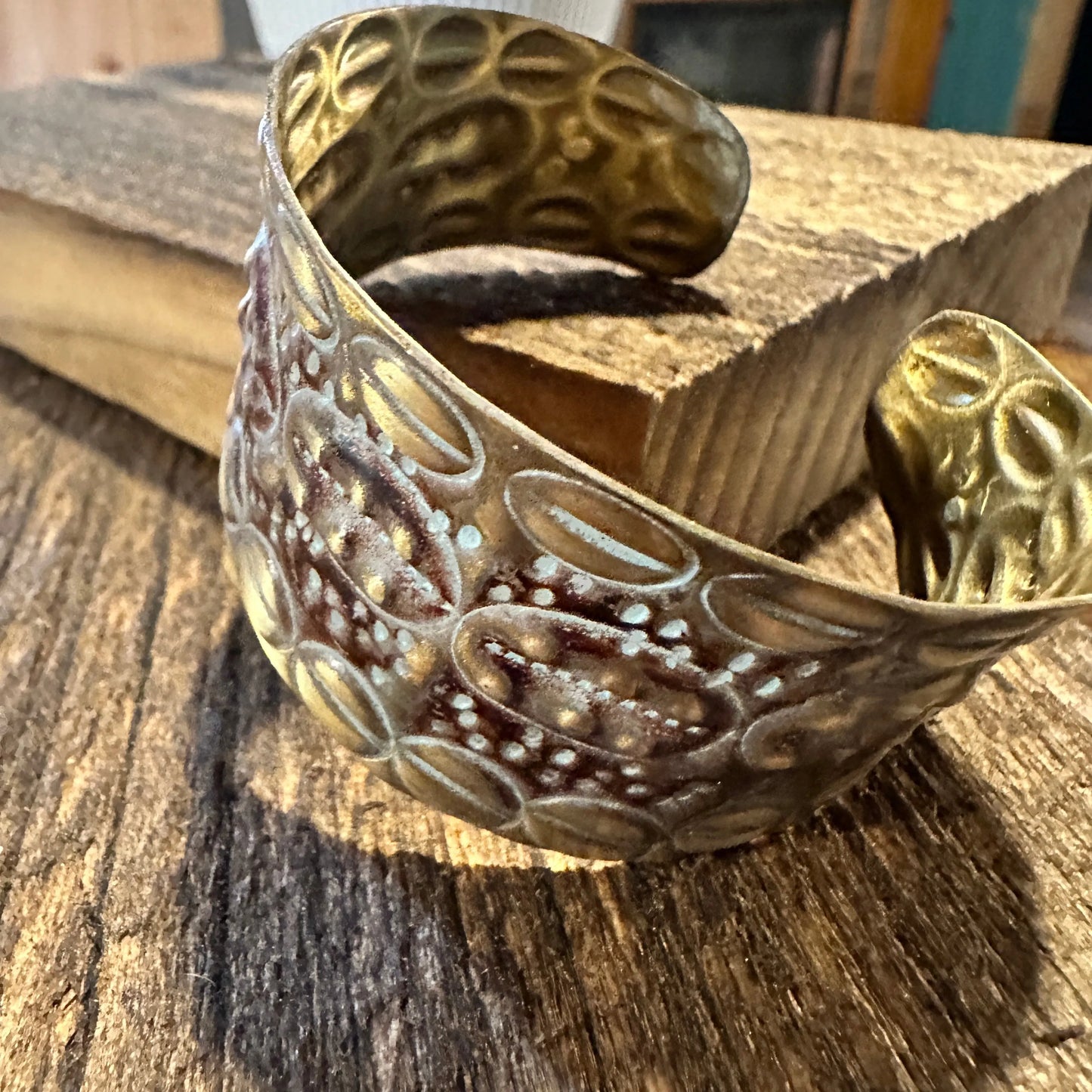 Handcrafted Artesian Boho Patina Brass Plum Wide Cuff Bracelet, Adjustable, Gift Box - Silver Elegant