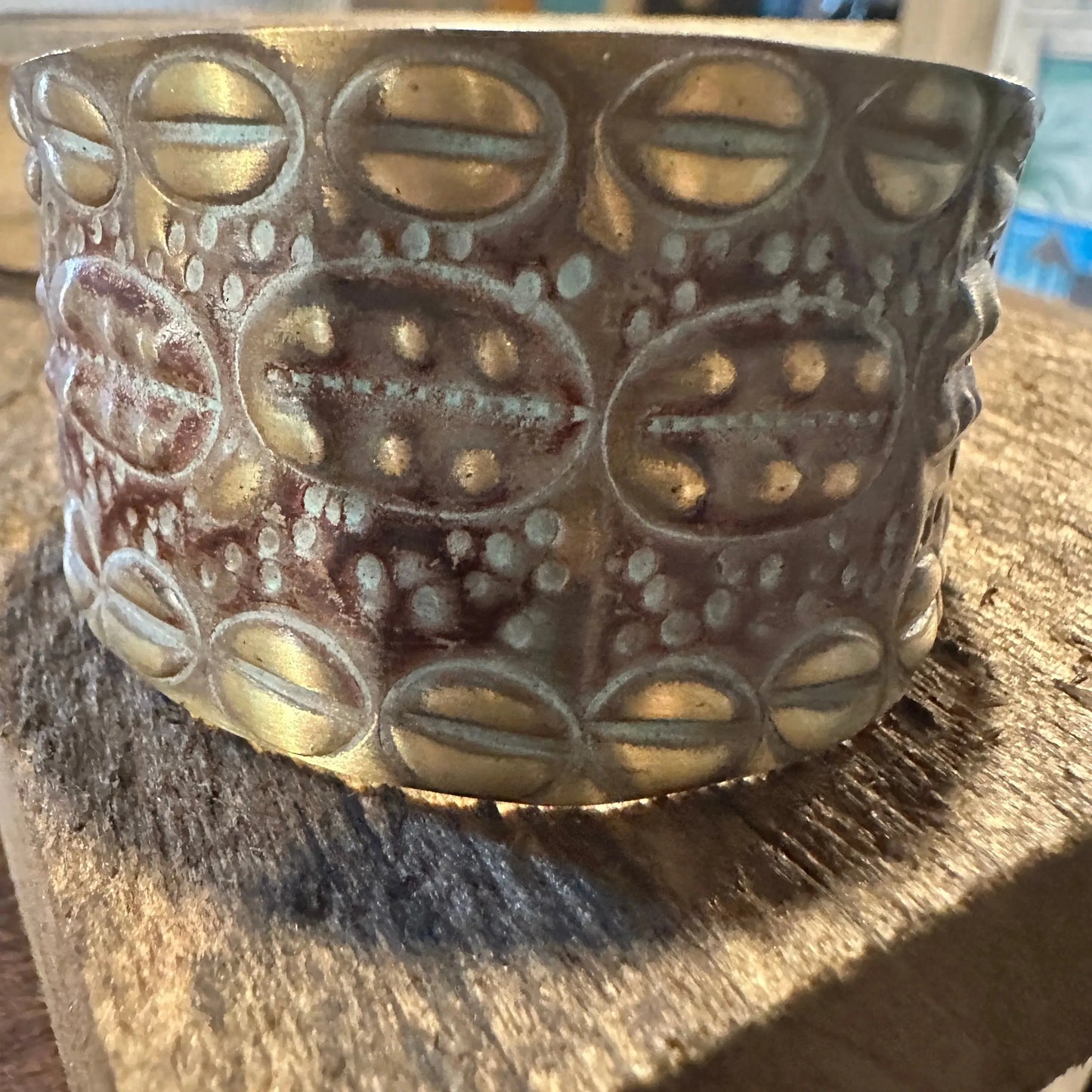 Handcrafted Artesian Boho Patina Brass Plum Wide Cuff Bracelet, Adjustable, Gift Box - Silver Elegant