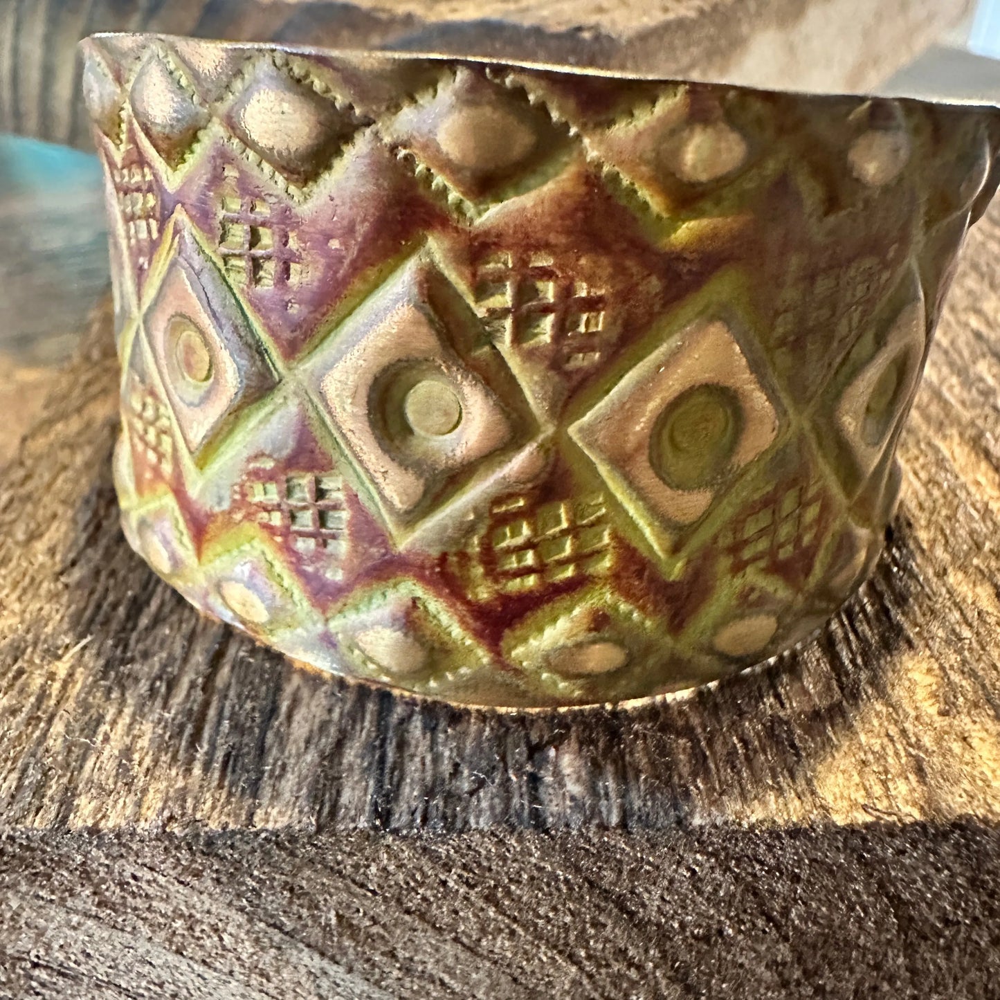 Handcrafted Artesian Boho Brass Patina Bracelet, Burnt Orange Diamonds and Squares, Adjustable, Gift Box - Silver Elegant