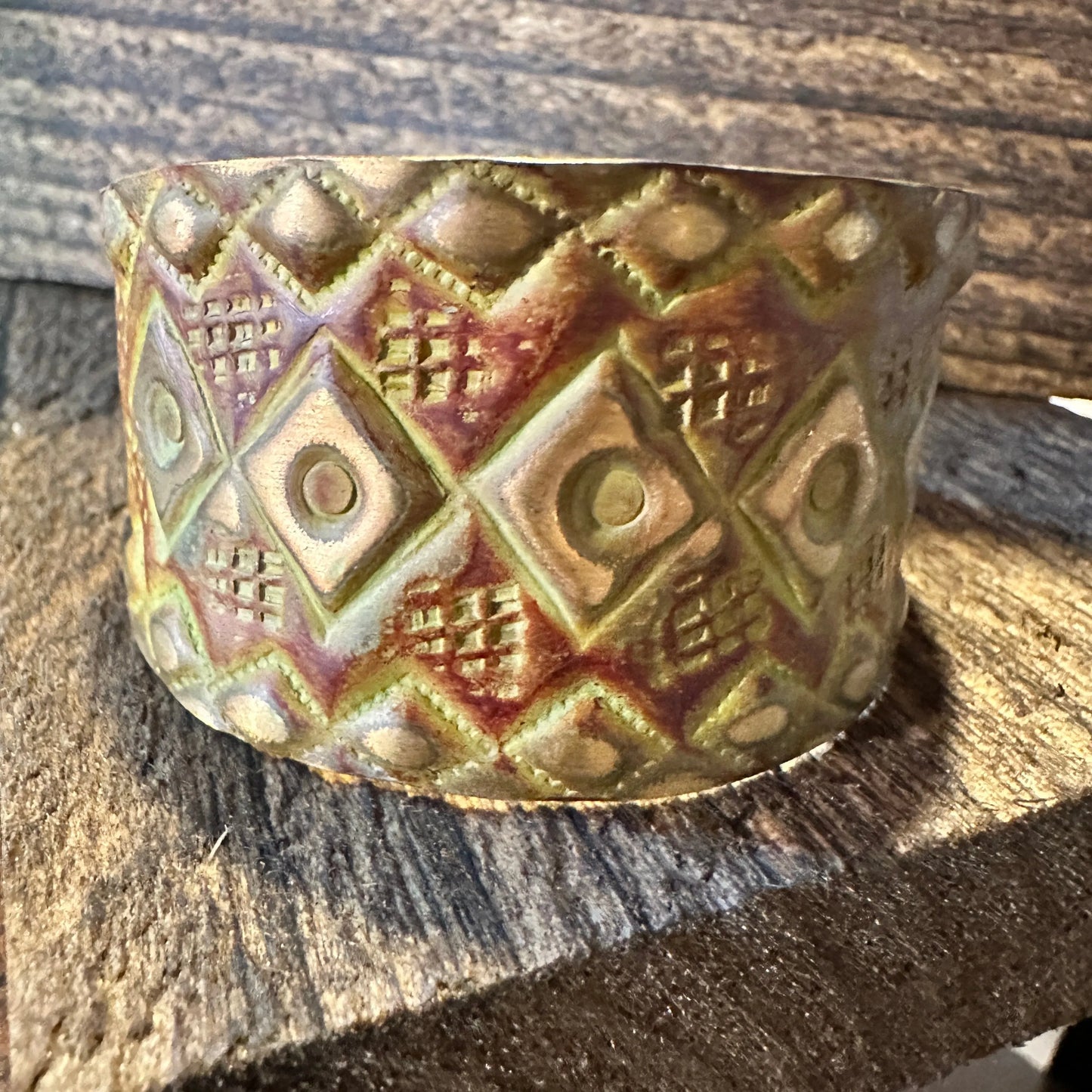 Handcrafted Artesian Boho Brass Patina Bracelet, Burnt Orange Diamonds and Squares, Adjustable, Gift Box - Silver Elegant