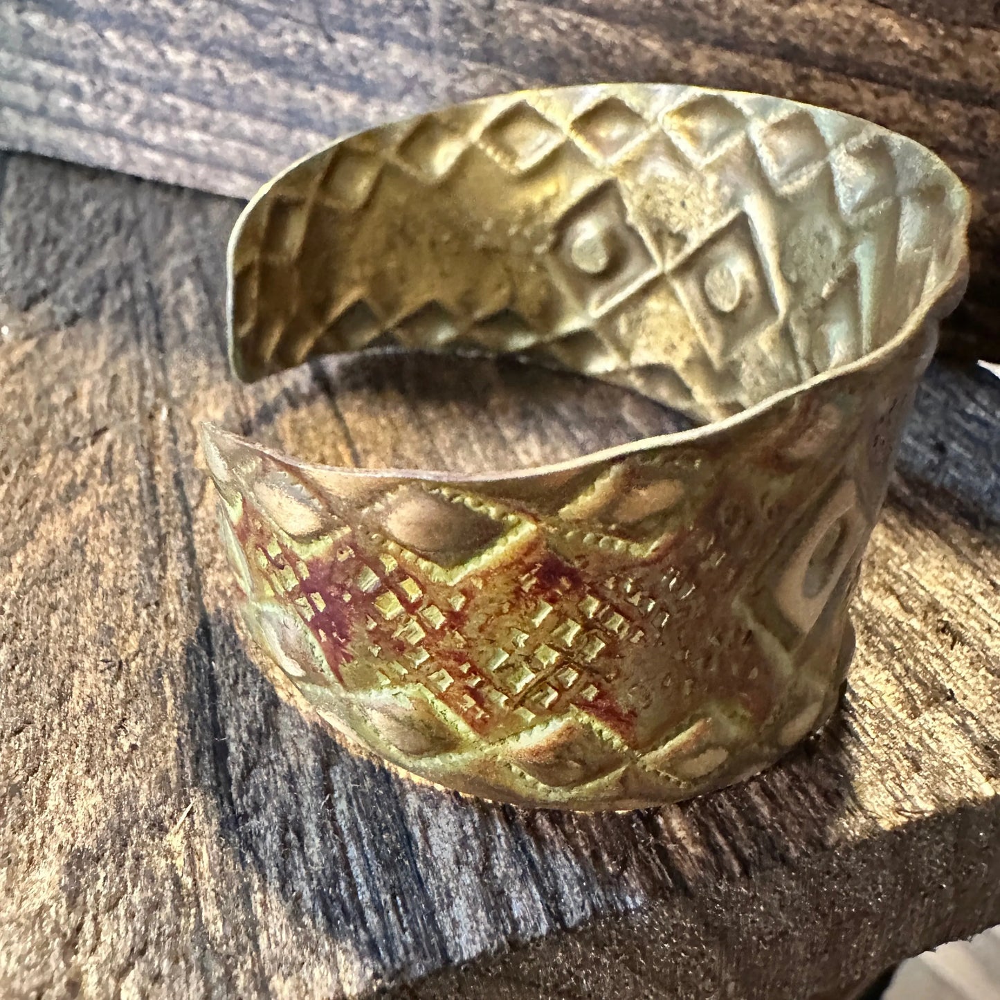 Handcrafted Artesian Boho Brass Patina Bracelet, Burnt Orange Diamonds and Squares, Adjustable, Gift Box - Silver Elegant