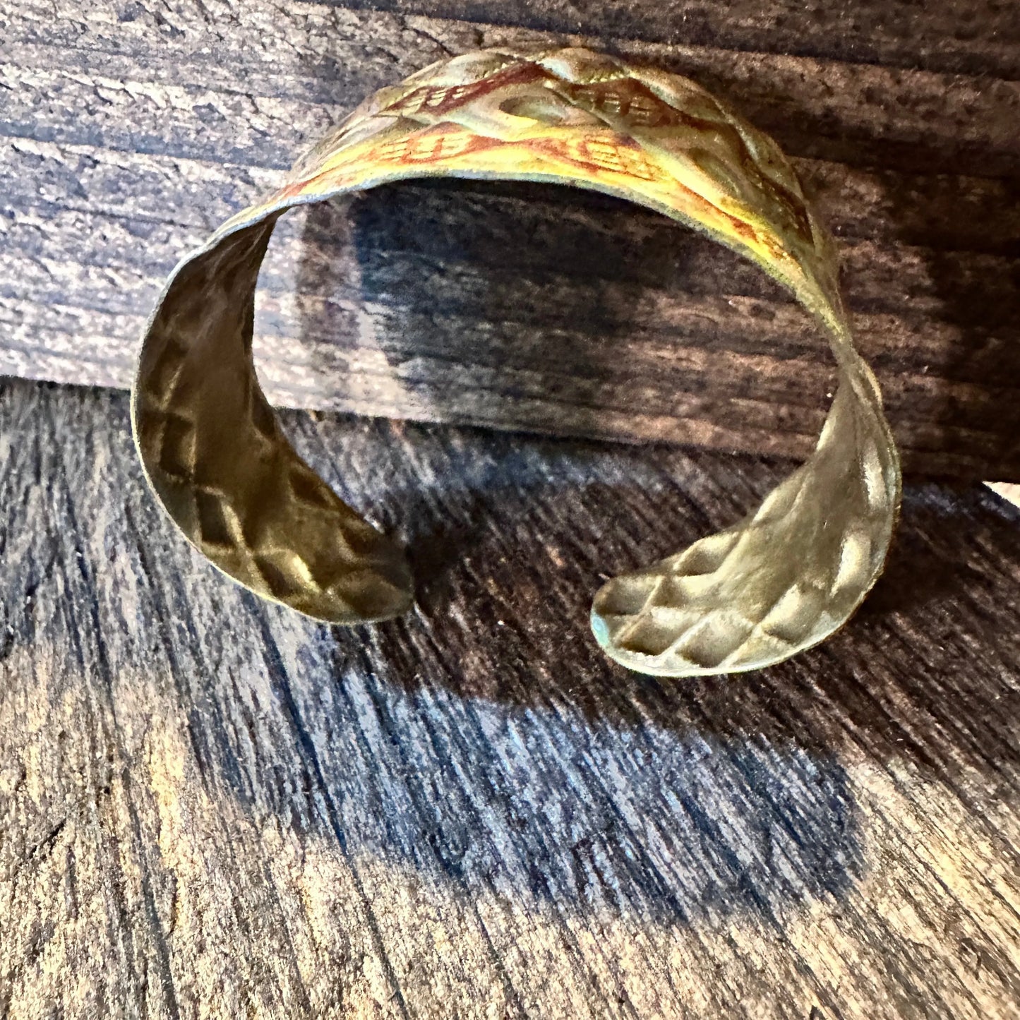 Handcrafted Artesian Boho Brass Patina Bracelet, Burnt Orange Diamonds and Squares, Adjustable, Gift Box - Silver Elegant