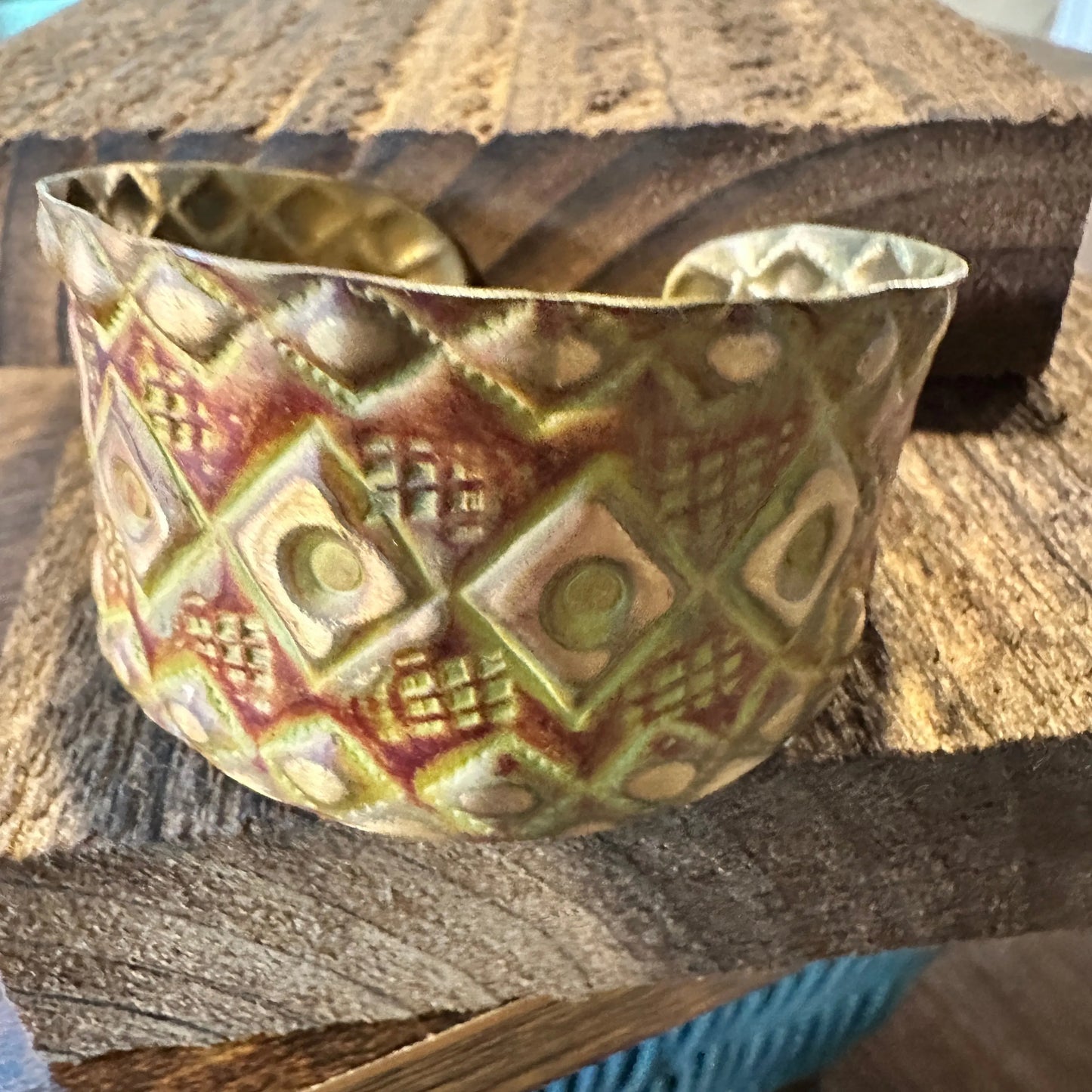Handcrafted Artesian Boho Brass Patina Bracelet, Burnt Orange Diamonds and Squares, Adjustable, Gift Box - Silver Elegant