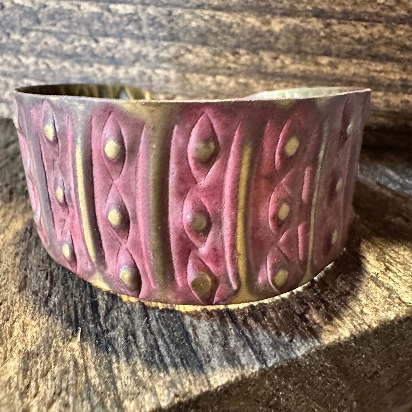 Handcrafted Artesian Boho Brass Patina Bracelet, Warm Red Dots & Lines, Adjustable, Gift Box - Silver Elegant