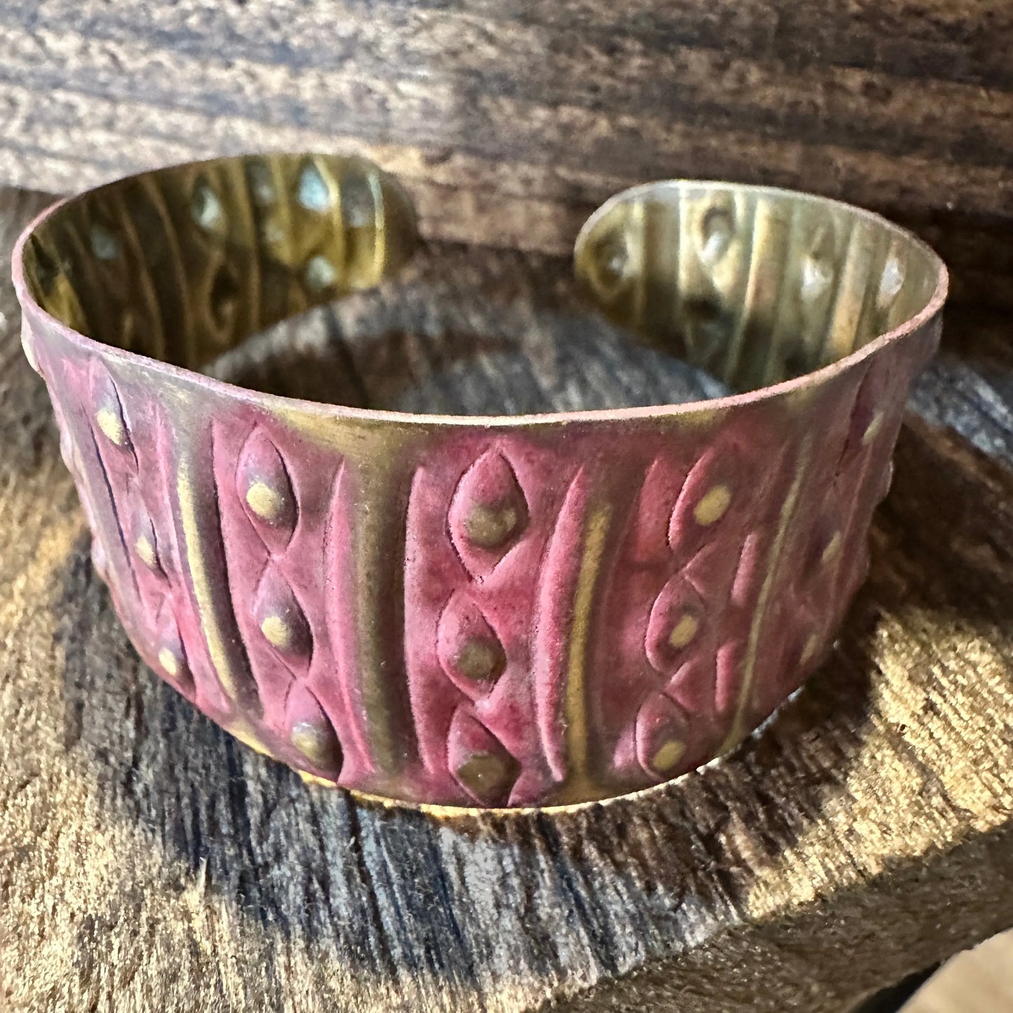 Handcrafted Artesian Boho Brass Patina Bracelet, Warm Red Dots & Lines, Adjustable, Gift Box - Silver Elegant