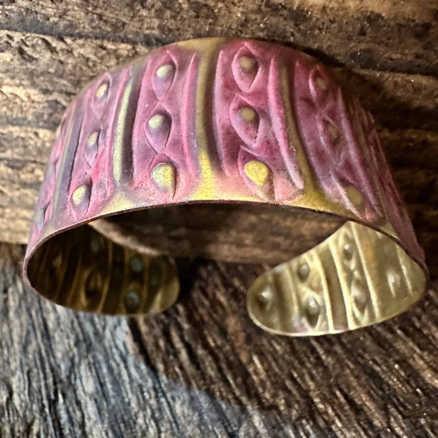 Handcrafted Artesian Boho Brass Patina Bracelet, Warm Red Dots & Lines, Adjustable, Gift Box - Silver Elegant