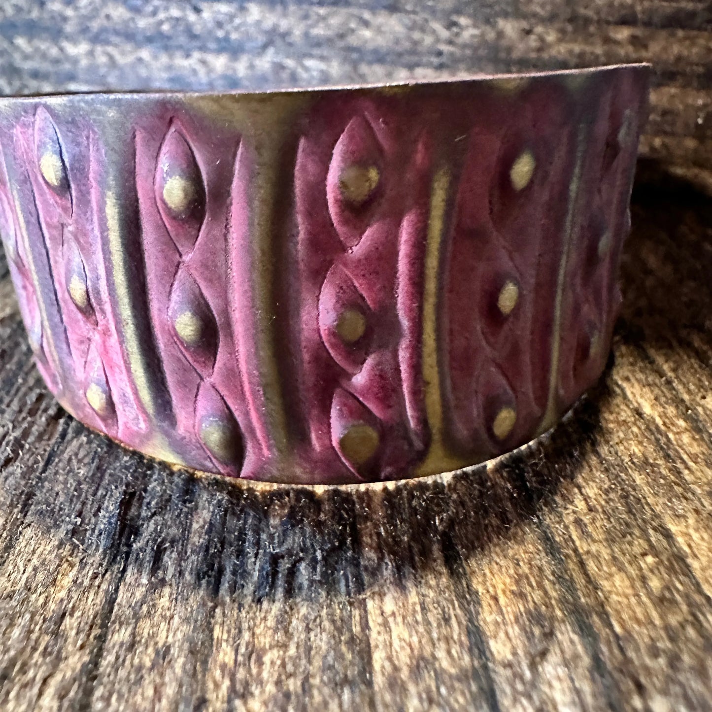 Handcrafted Artesian Boho Brass Patina Bracelet, Warm Red Dots & Lines, Adjustable, Gift Box - Silver Elegant