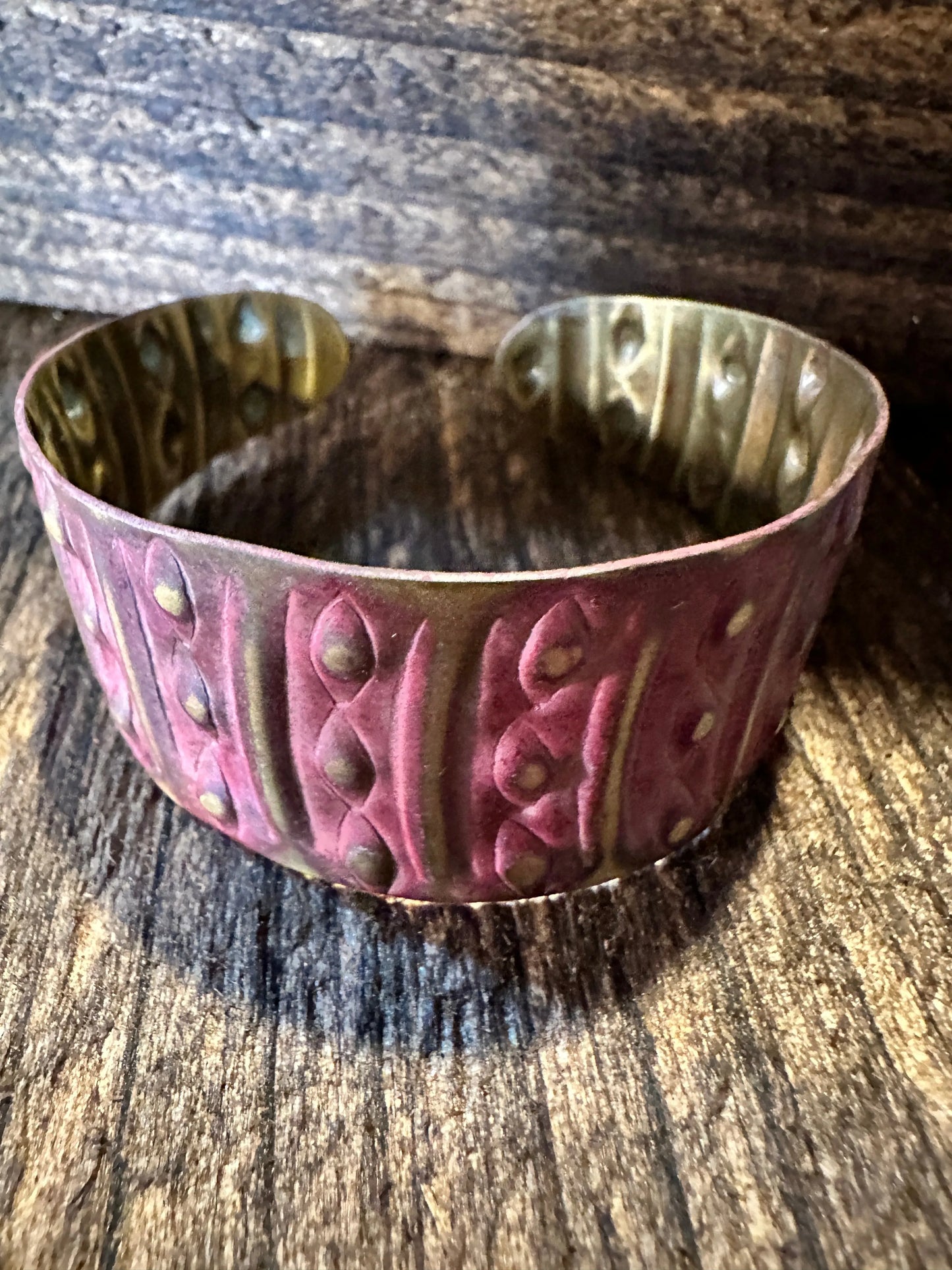 Handcrafted Artesian Boho Brass Patina Bracelet, Warm Red Dots & Lines, Adjustable, Gift Box - Silver Elegant