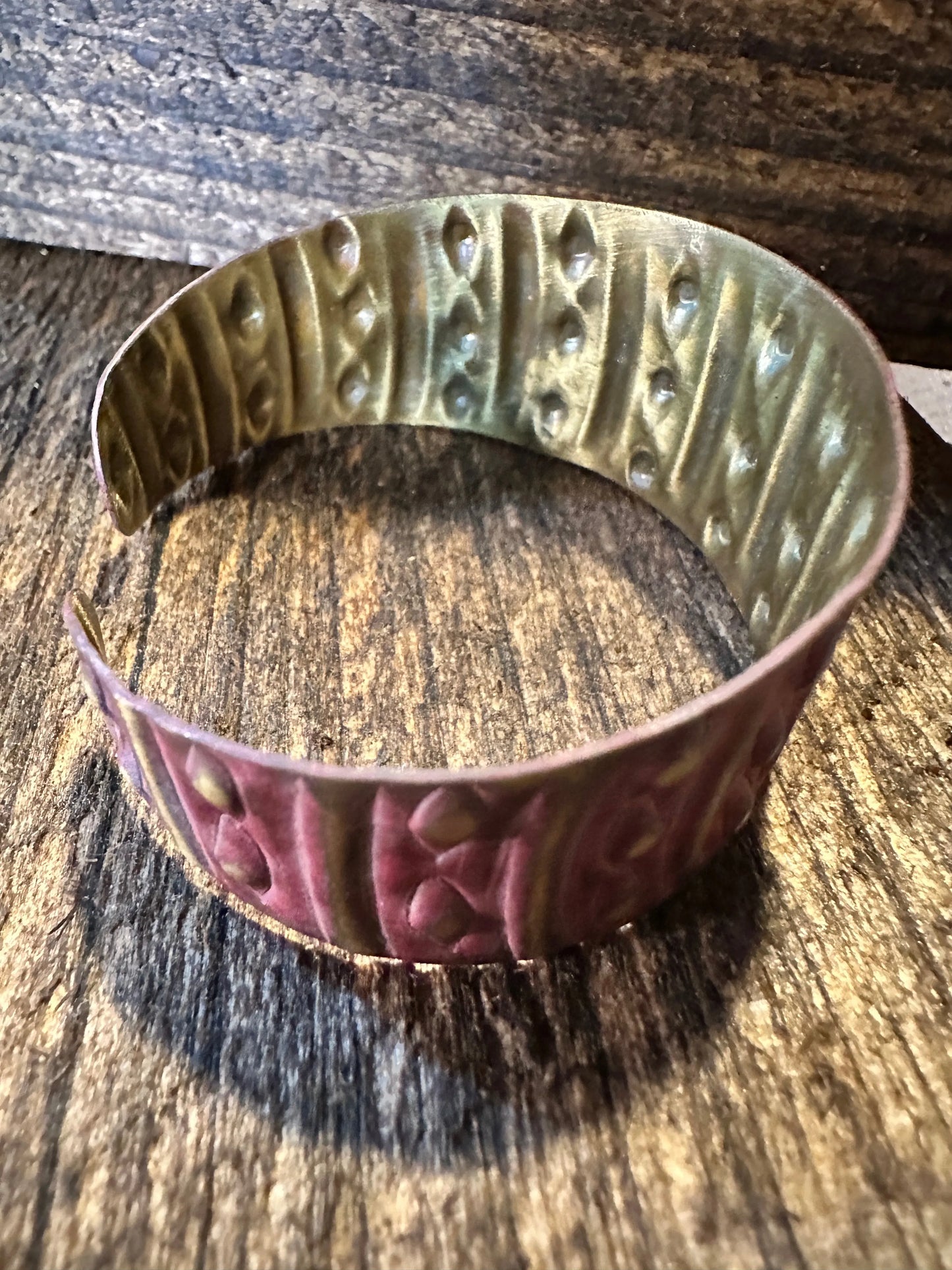 Handcrafted Artesian Boho Brass Patina Bracelet, Warm Red Dots & Lines, Adjustable, Gift Box - Silver Elegant
